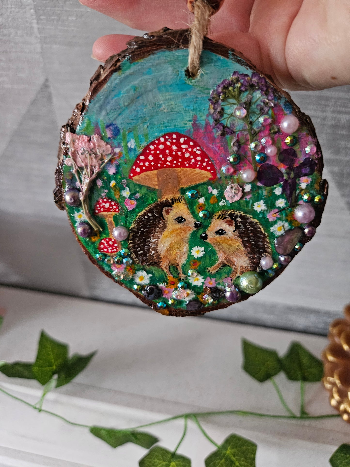 Hand painted cute pair of hedgehogs and mushrooms/whimsical handmade home decor/creations/wood slice painting for animal/nature lover