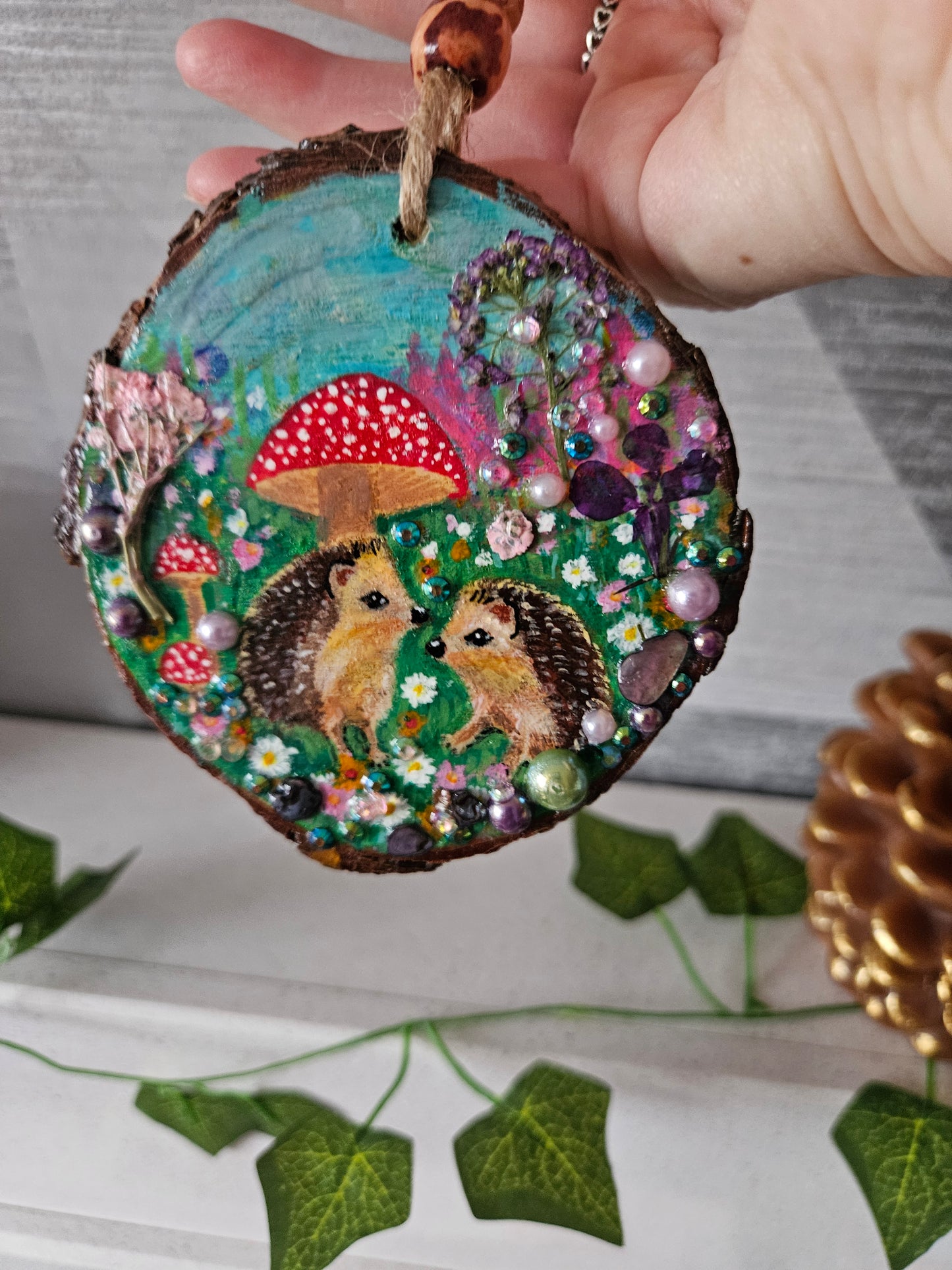 Hand painted cute pair of hedgehogs and mushrooms/whimsical handmade home decor/creations/wood slice painting for animal/nature lover