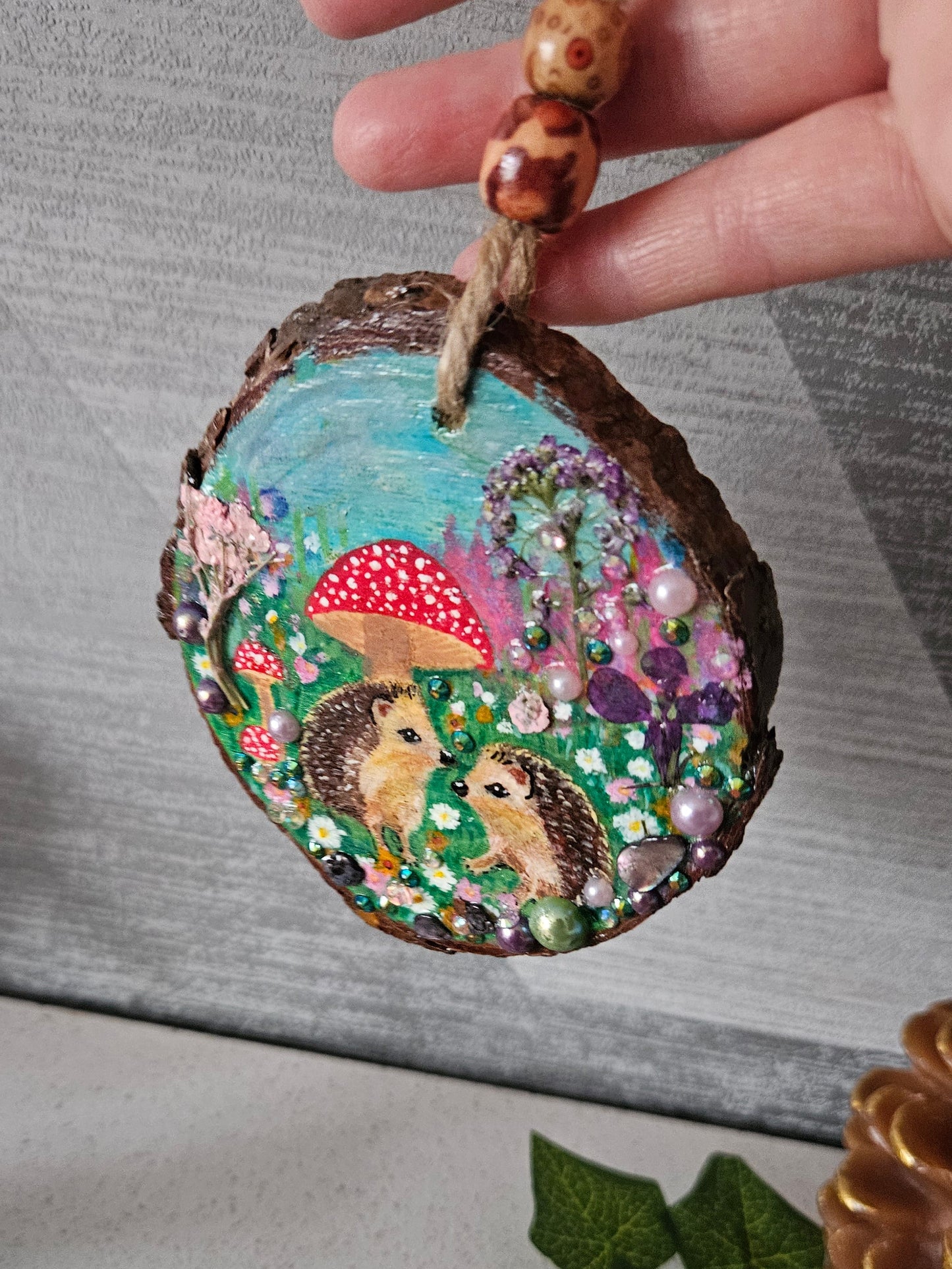 Hand painted cute pair of hedgehogs and mushrooms/whimsical handmade home decor/creations/wood slice painting for animal/nature lover