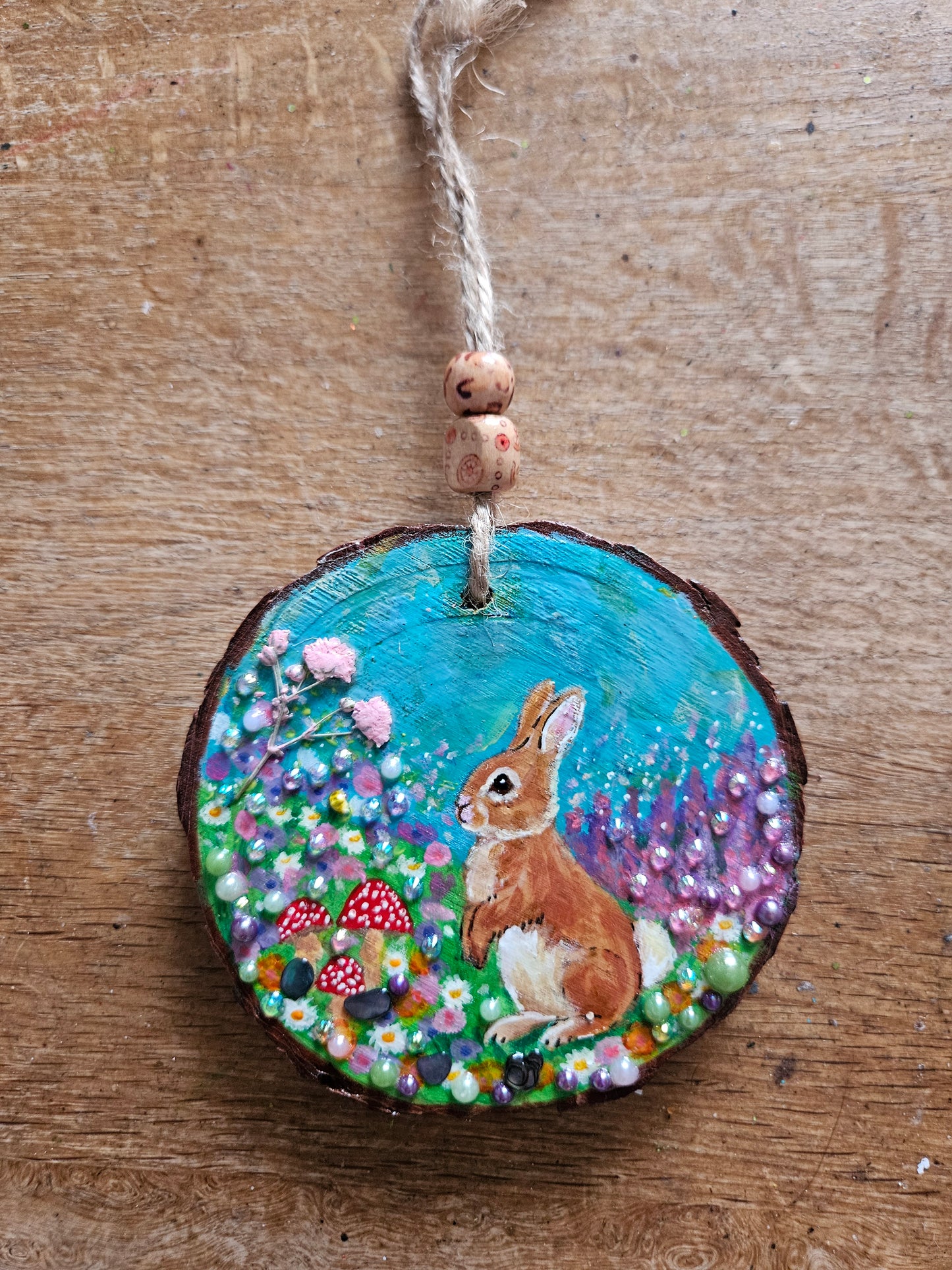 Hand painted Wood Slice/Wood painting/Whimsy rabbit & mushroom/ Home Decor/Gift for animal art or whimsy lover