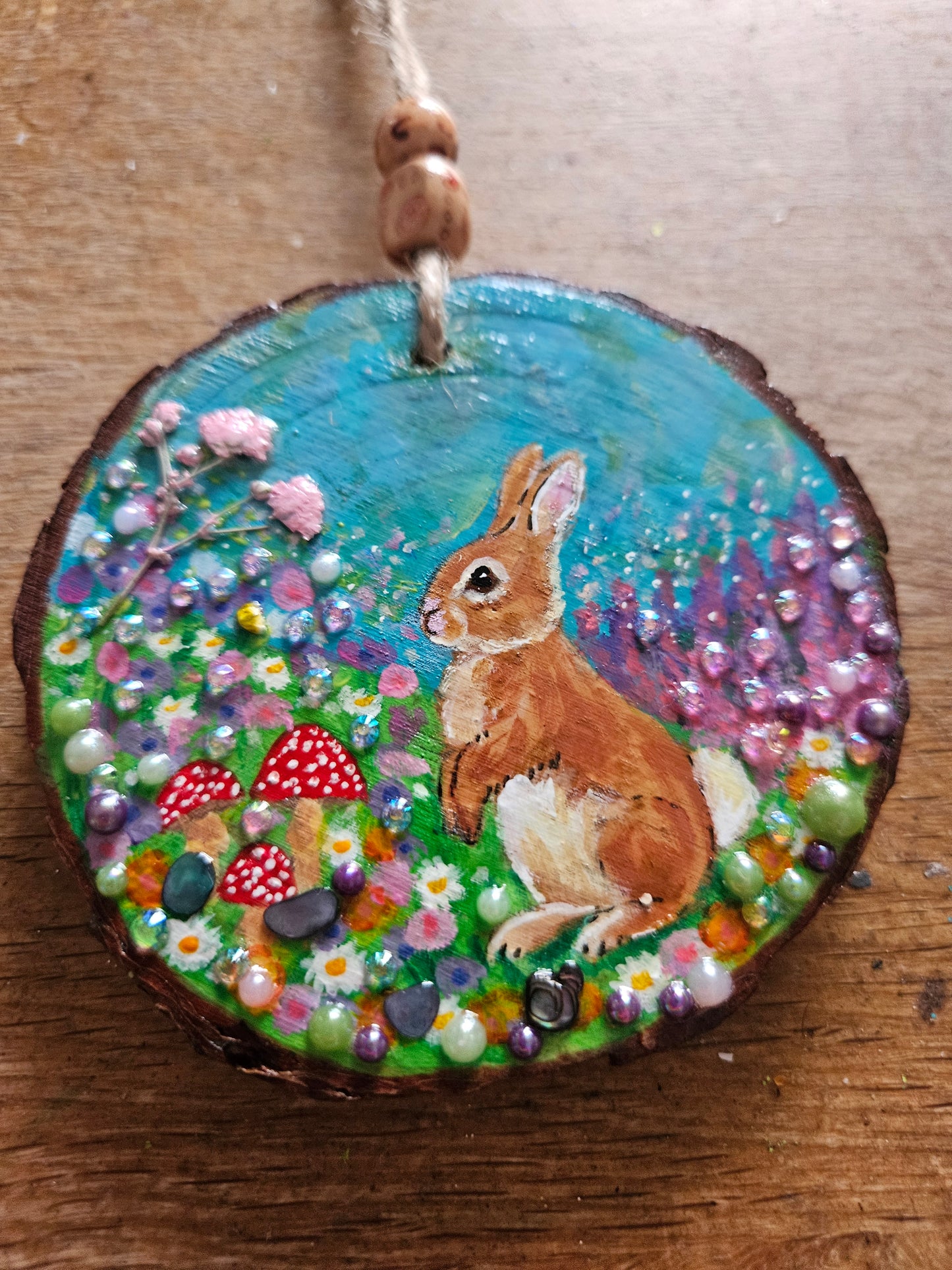 Hand painted Wood Slice/Wood painting/Whimsy rabbit & mushroom/ Home Decor/Gift for animal art or whimsy lover