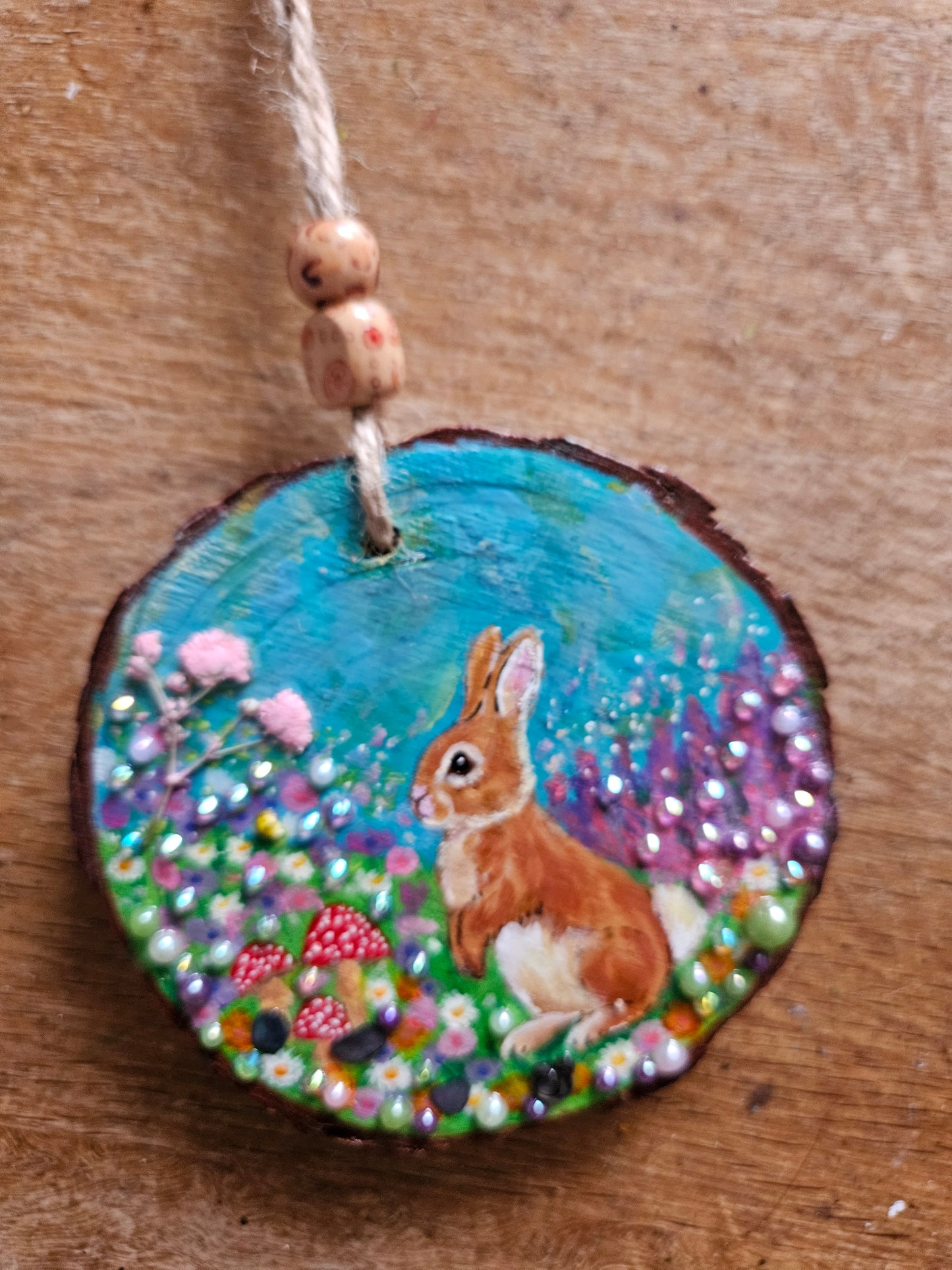 Hand painted Wood Slice/Wood painting/Whimsy rabbit & mushroom/ Home Decor/Gift for animal art or whimsy lover