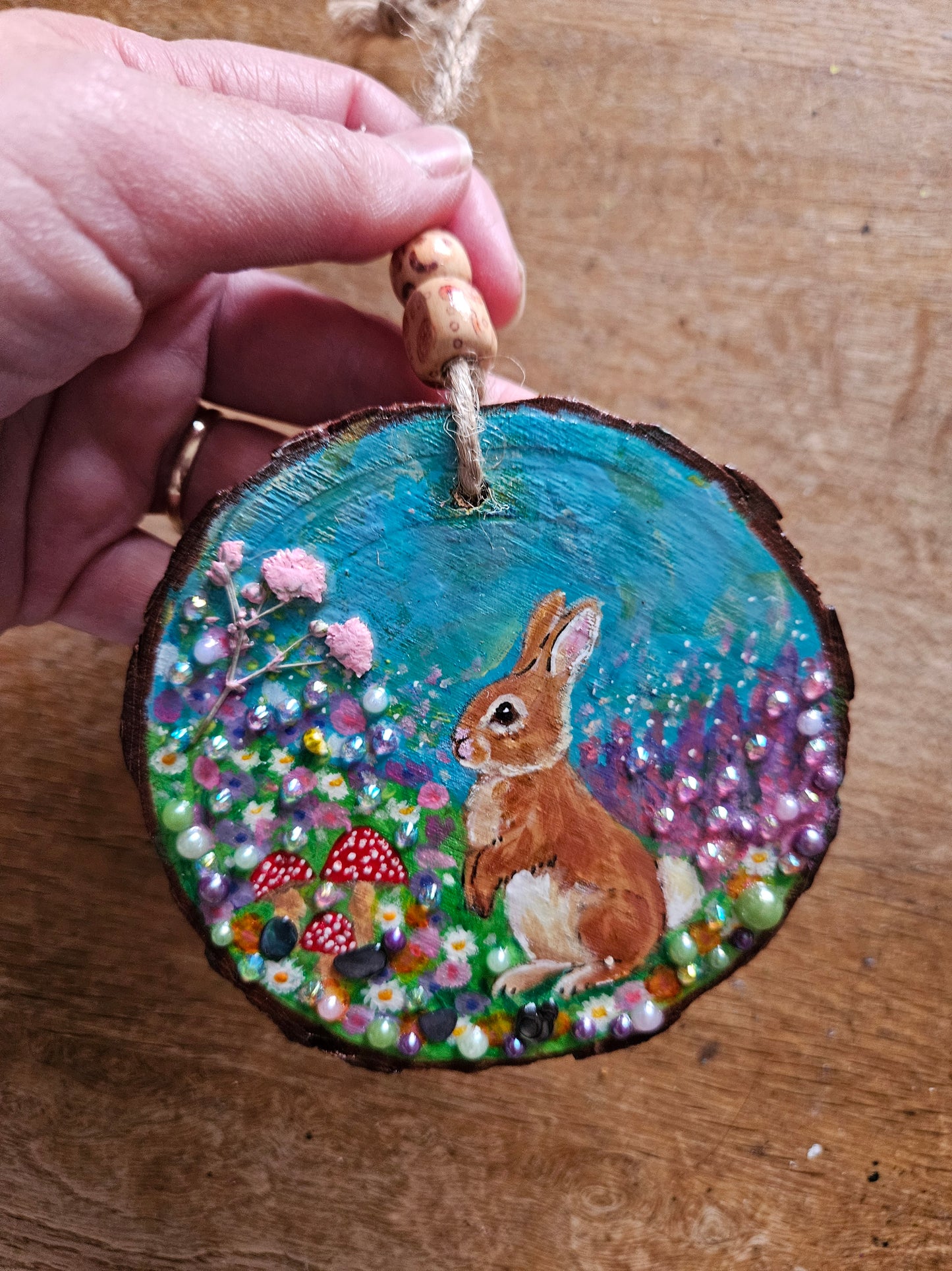 Hand painted Wood Slice/Wood painting/Whimsy rabbit & mushroom/ Home Decor/Gift for animal art or whimsy lover