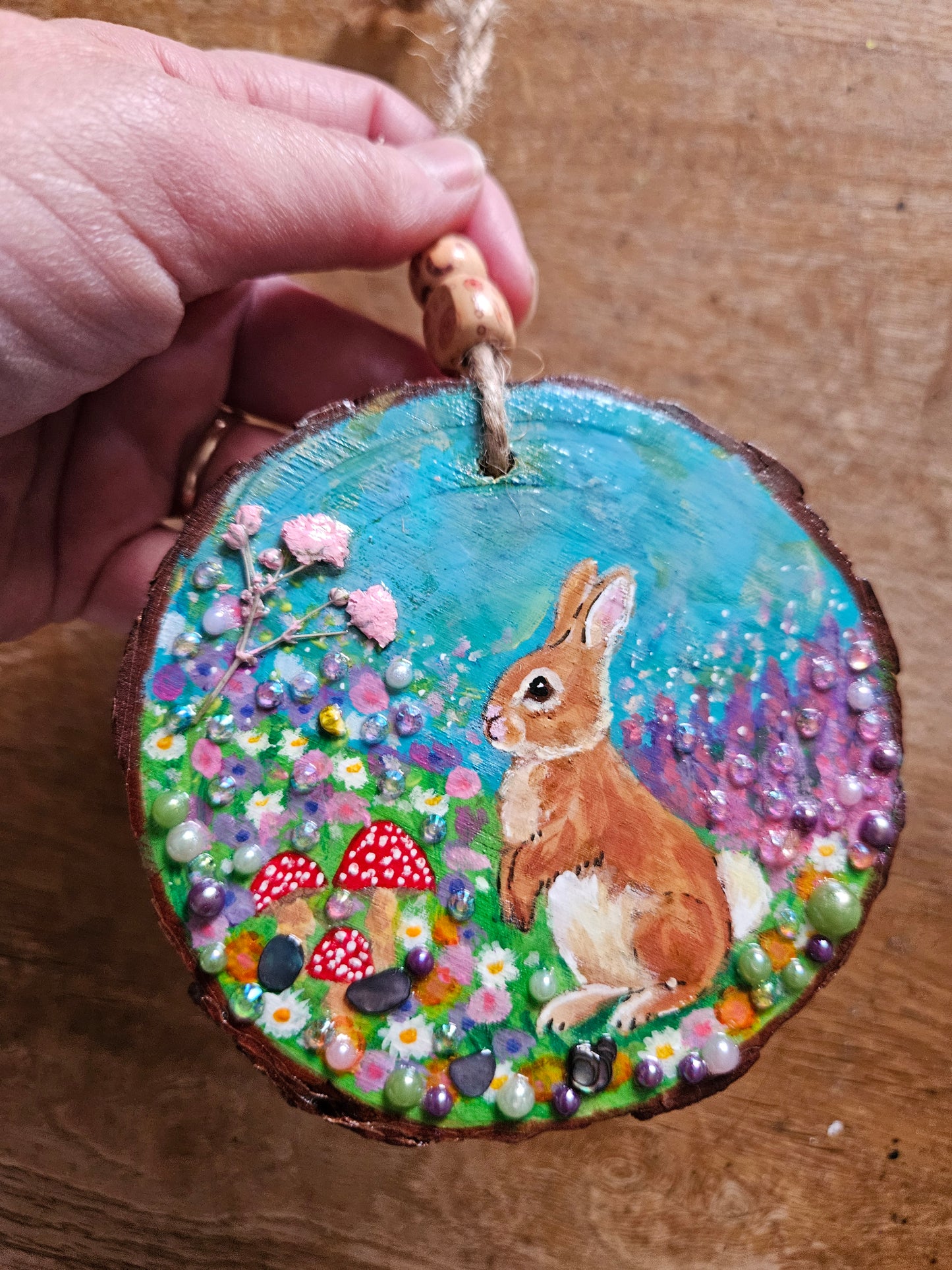 Hand painted Wood Slice/Wood painting/Whimsy rabbit & mushroom/ Home Decor/Gift for animal art or whimsy lover
