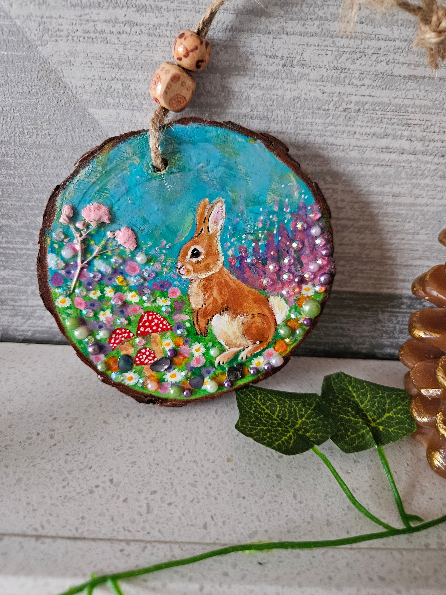 Hand painted Wood Slice/Wood painting/Whimsy rabbit & mushroom/ Home Decor/Gift for animal art or whimsy lover
