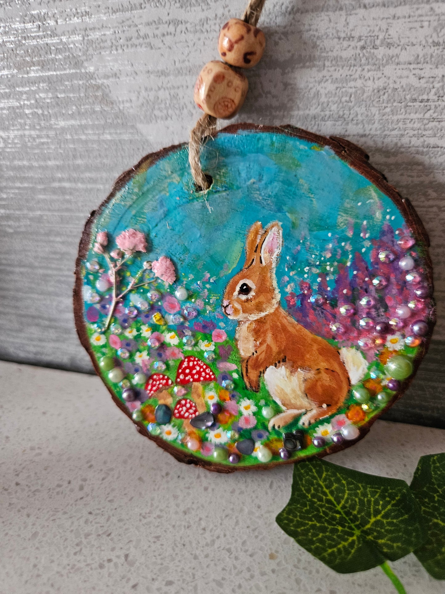 Hand painted Wood Slice/Wood painting/Whimsy rabbit & mushroom/ Home Decor/Gift for animal art or whimsy lover