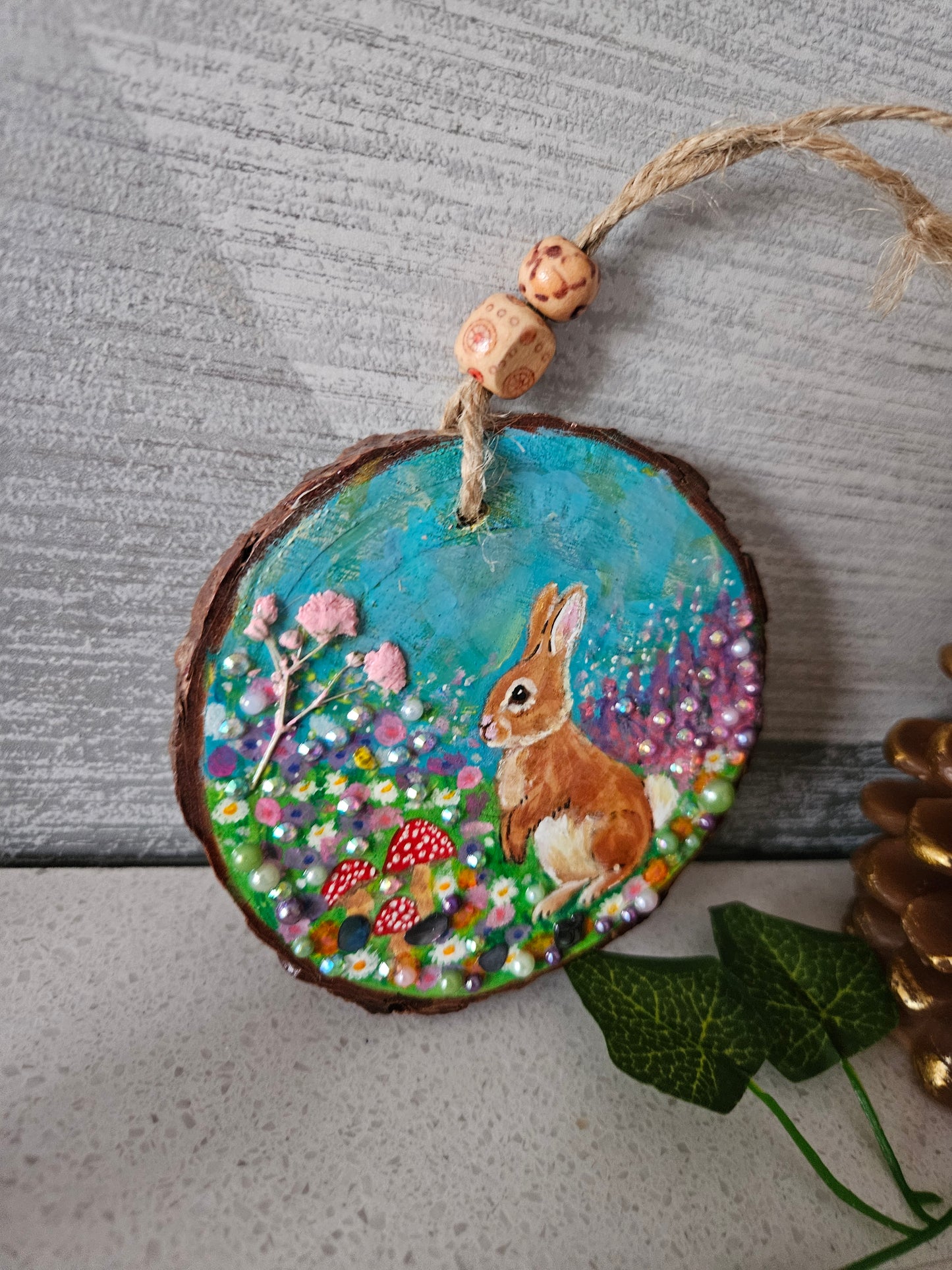 Hand painted Wood Slice/Wood painting/Whimsy rabbit & mushroom/ Home Decor/Gift for animal art or whimsy lover