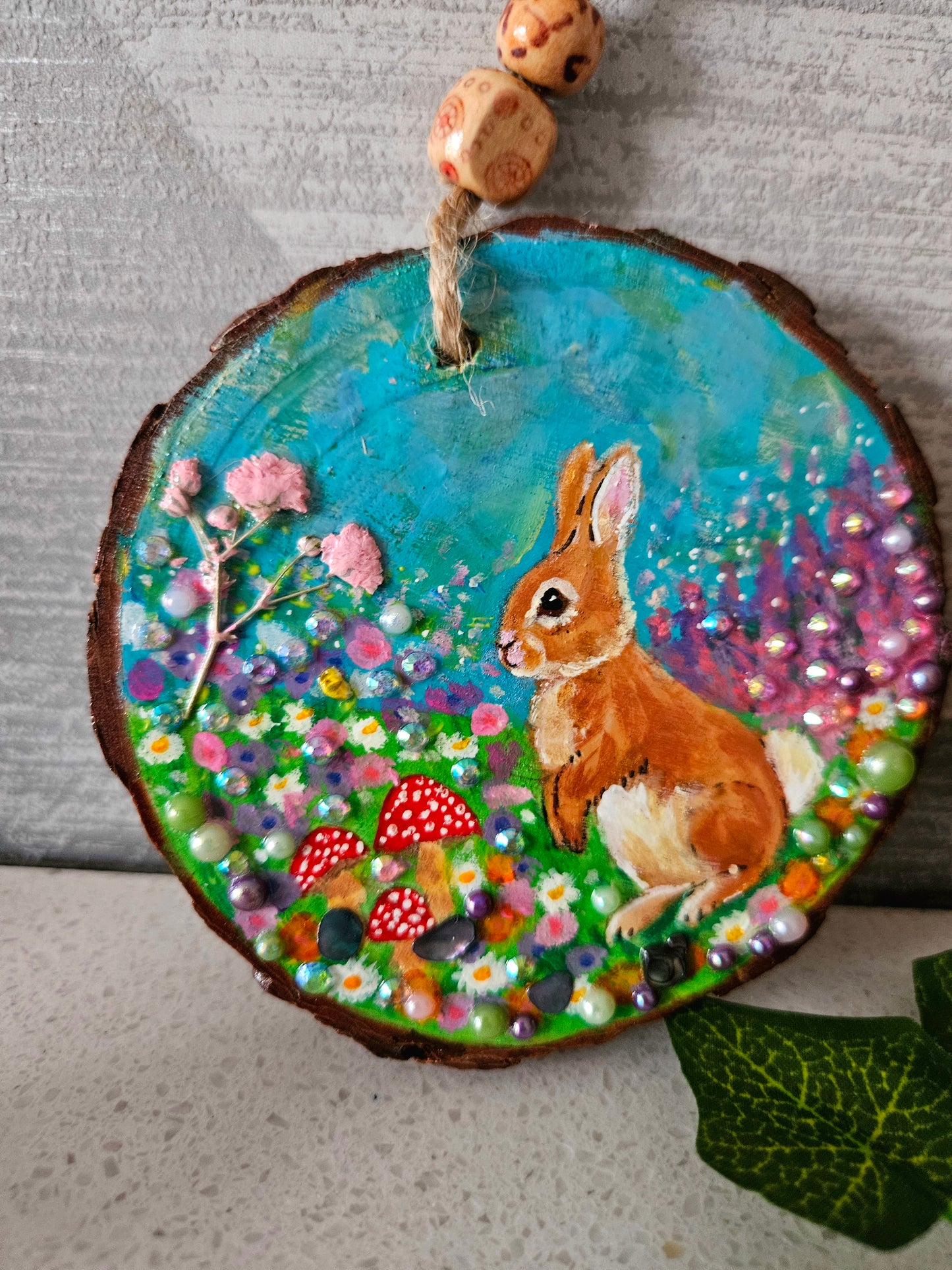 Hand painted Wood Slice/Wood painting/Whimsy rabbit & mushroom/ Home Decor/Gift for animal art or whimsy lover