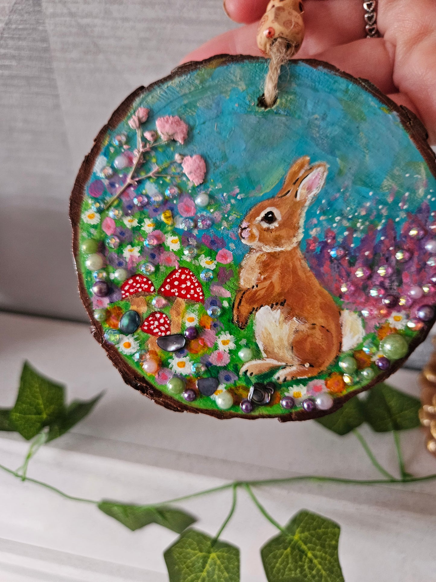 Hand painted Wood Slice/Wood painting/Whimsy rabbit & mushroom/ Home Decor/Gift for animal art or whimsy lover