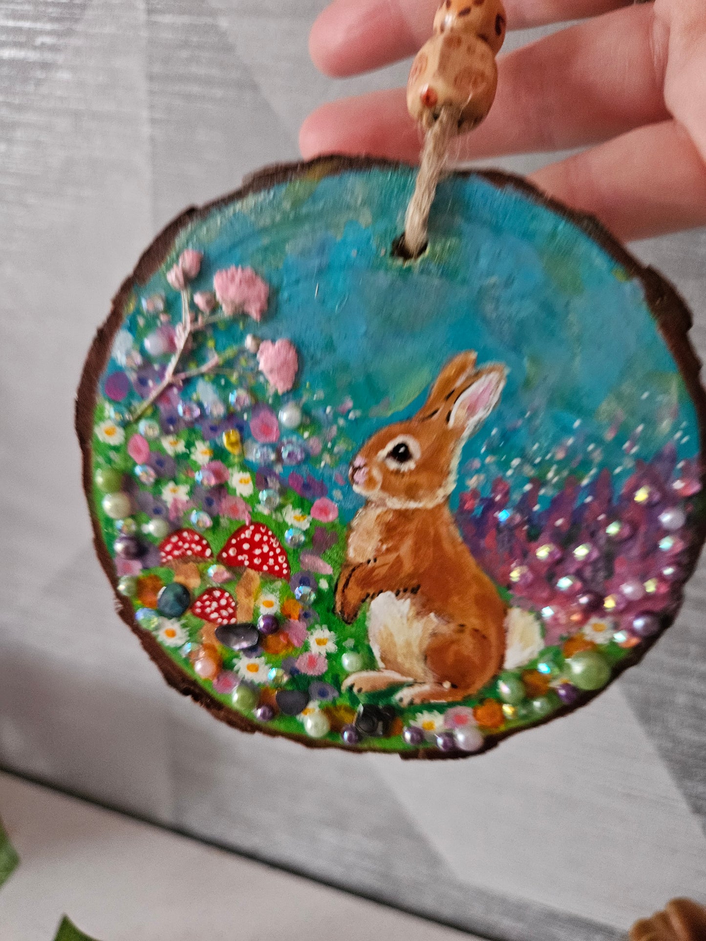 Hand painted Wood Slice/Wood painting/Whimsy rabbit & mushroom/ Home Decor/Gift for animal art or whimsy lover