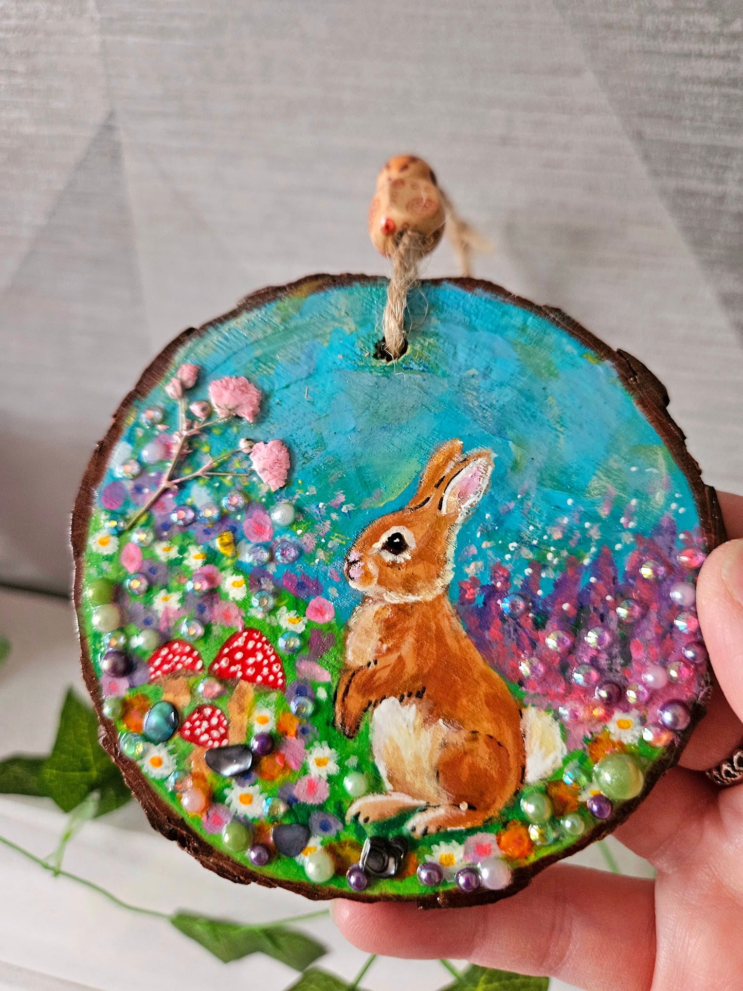 Hand painted Wood Slice/Wood painting/Whimsy rabbit & mushroom/ Home Decor/Gift for animal art or whimsy lover