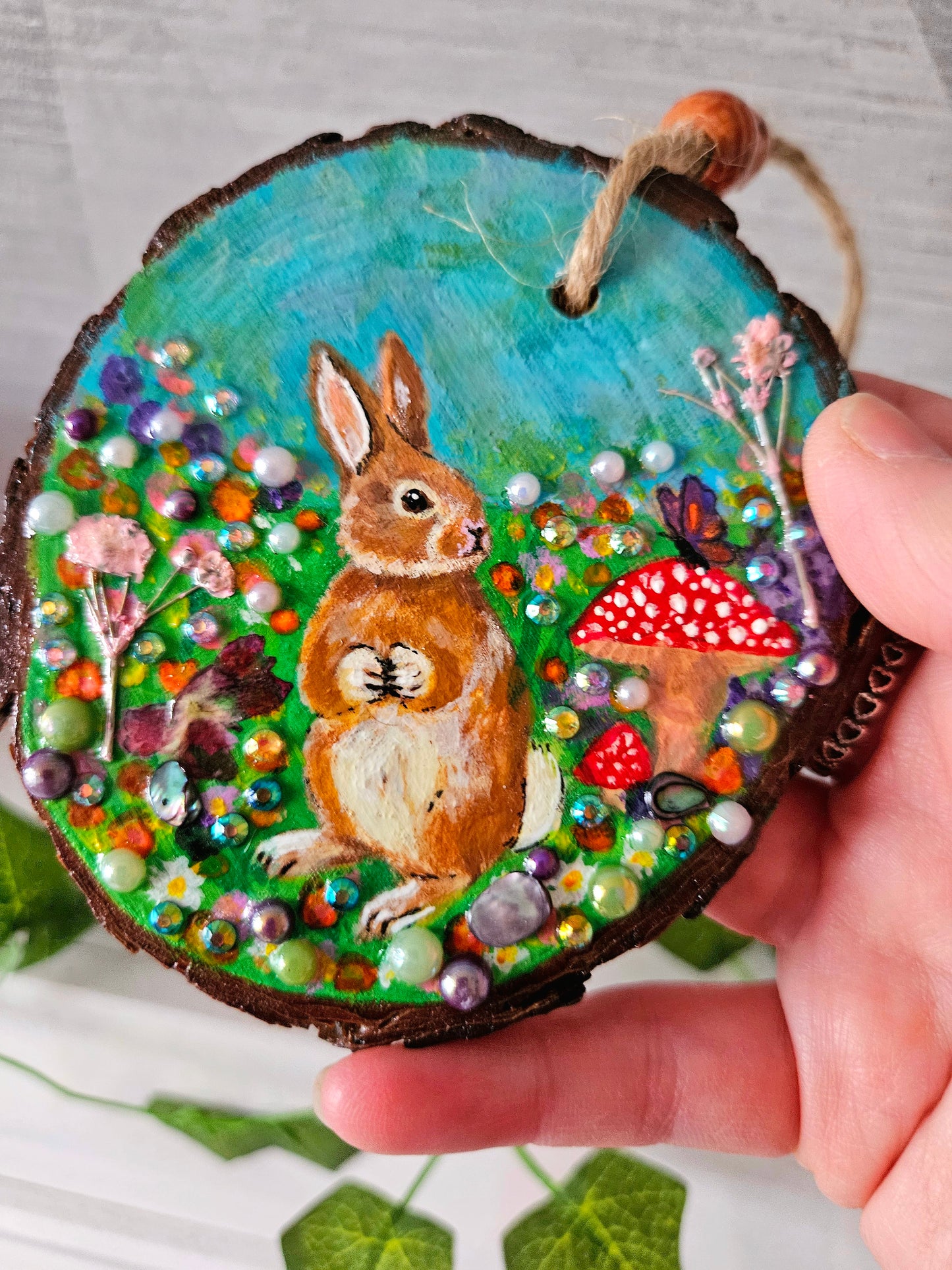 Hand painted Wood Slice/Wood painting/Whimsy rabbit & mushroom/ Home Decor/Gift for animal art or whimsy lover