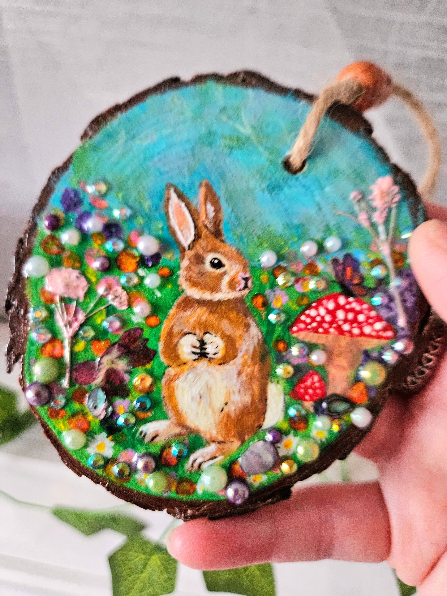Hand painted Wood Slice/Wood painting/Whimsy rabbit & mushroom/ Home Decor/Gift for animal art or whimsy lover