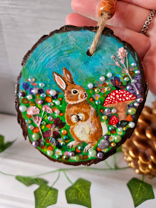Hand painted Wood Slice/Wood painting/Whimsy rabbit & mushroom/ Home Decor/Gift for animal art or whimsy lover