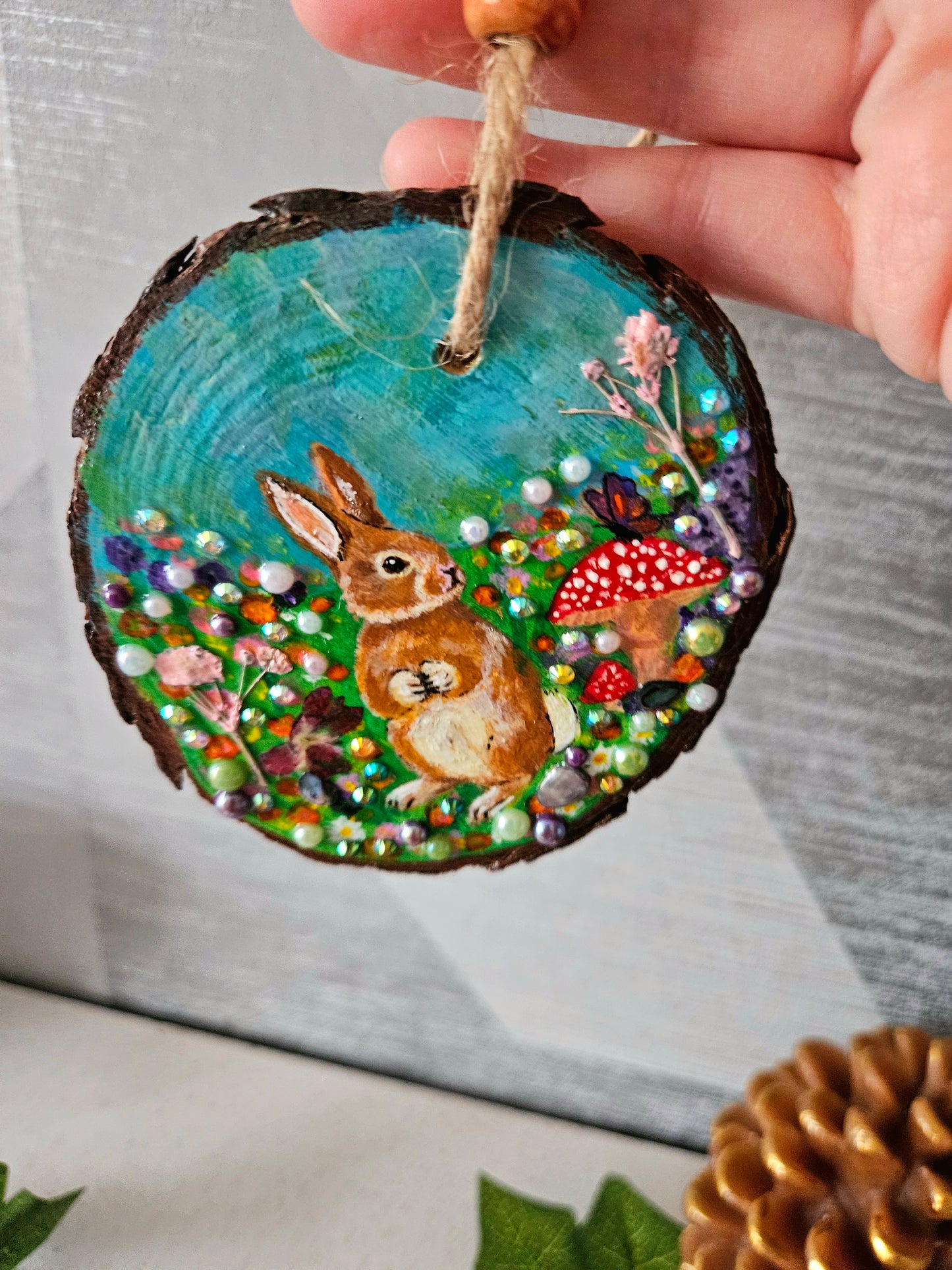 Hand painted Wood Slice/Wood painting/Whimsy rabbit & mushroom/ Home Decor/Gift for animal art or whimsy lover