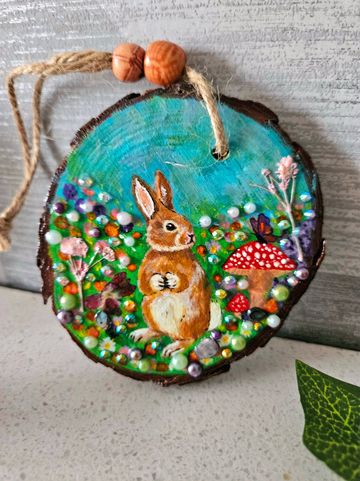 Hand painted Wood Slice/Wood painting/Whimsy rabbit & mushroom/ Home Decor/Gift for animal art or whimsy lover