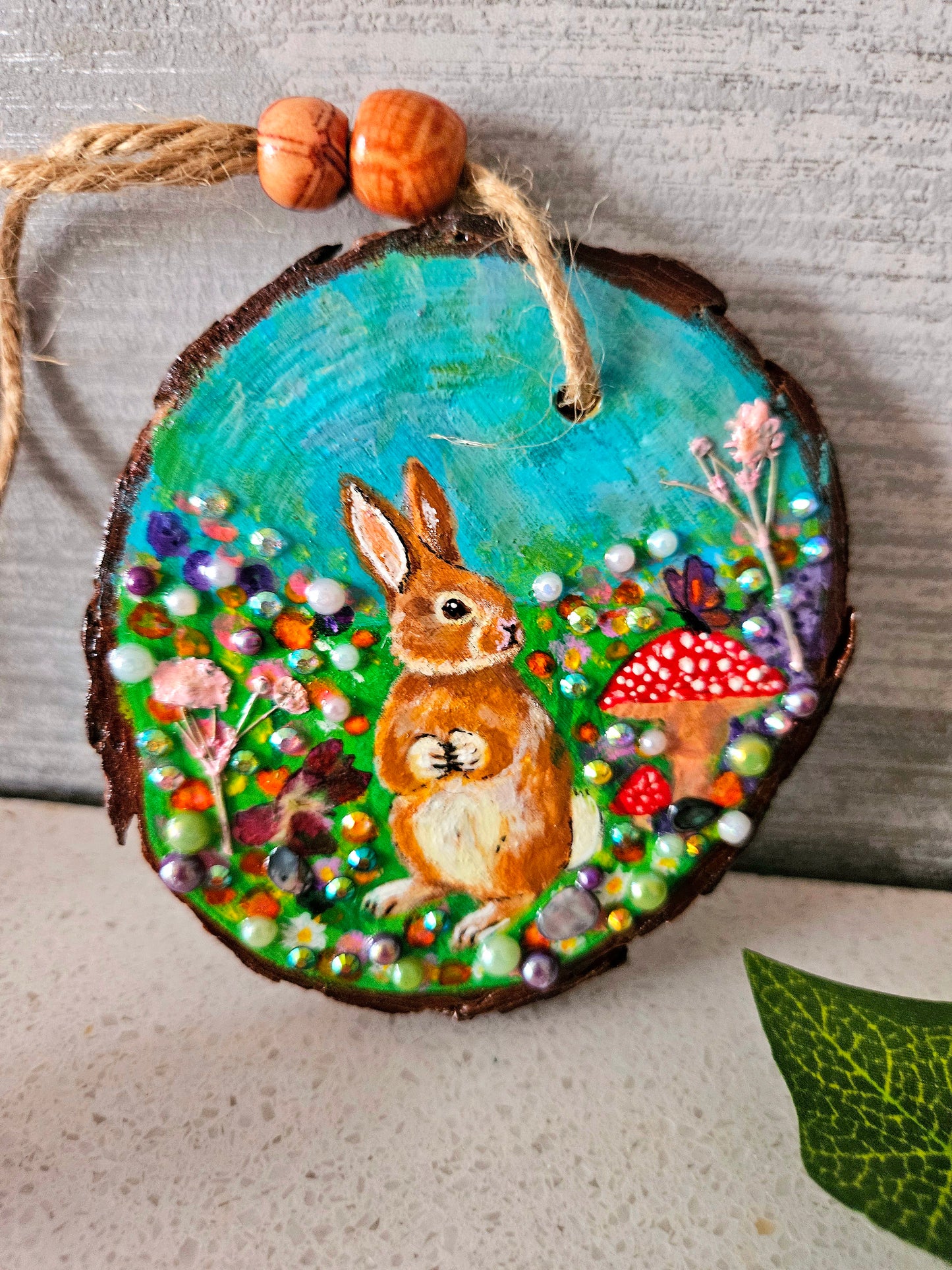 Hand painted Wood Slice/Wood painting/Whimsy rabbit & mushroom/ Home Decor/Gift for animal art or whimsy lover