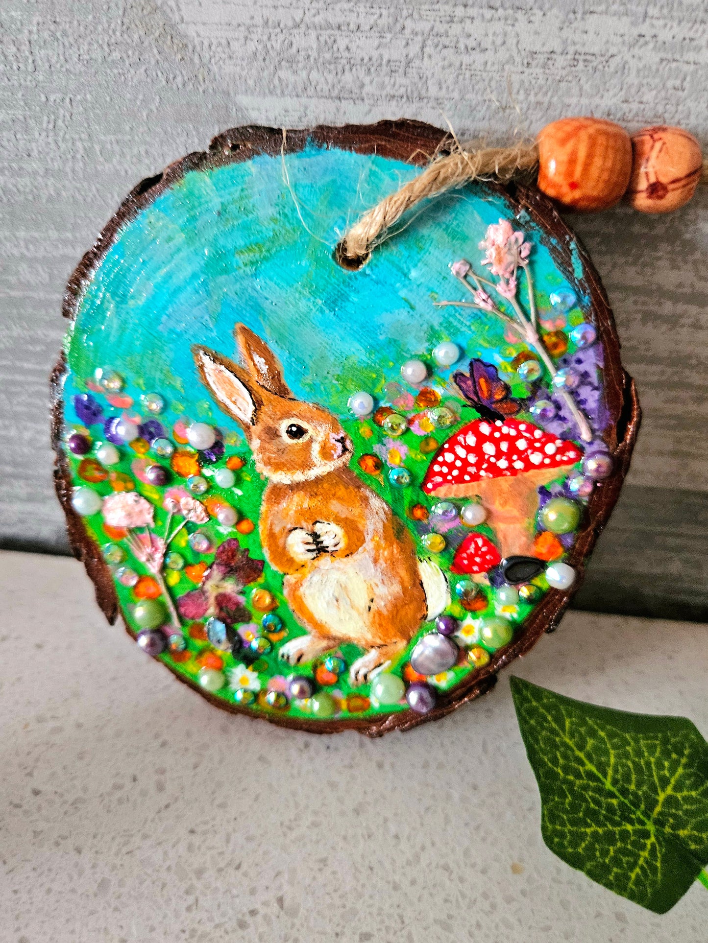 Hand painted Wood Slice/Wood painting/Whimsy rabbit & mushroom/ Home Decor/Gift for animal art or whimsy lover