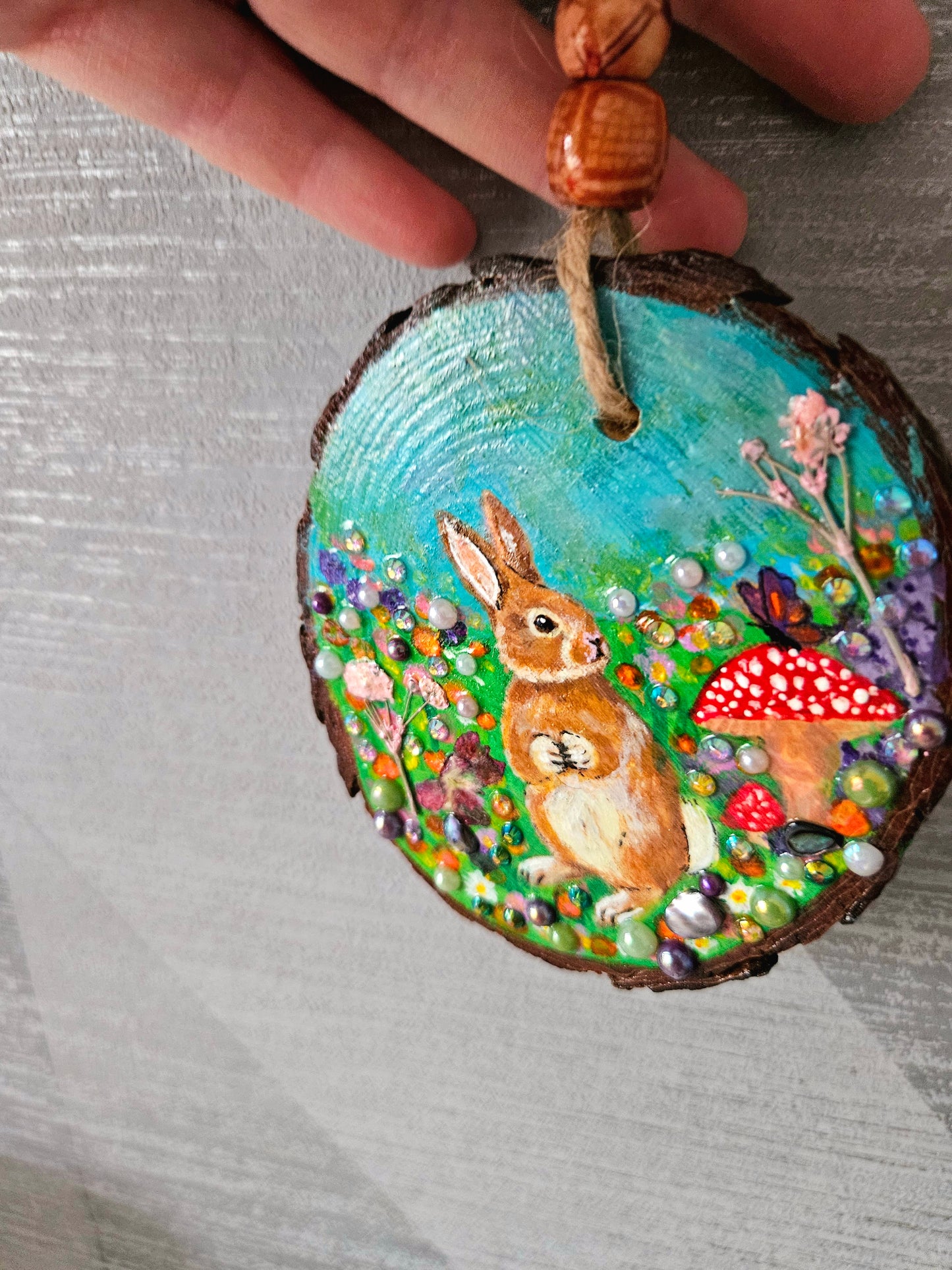 Hand painted Wood Slice/Wood painting/Whimsy rabbit & mushroom/ Home Decor/Gift for animal art or whimsy lover