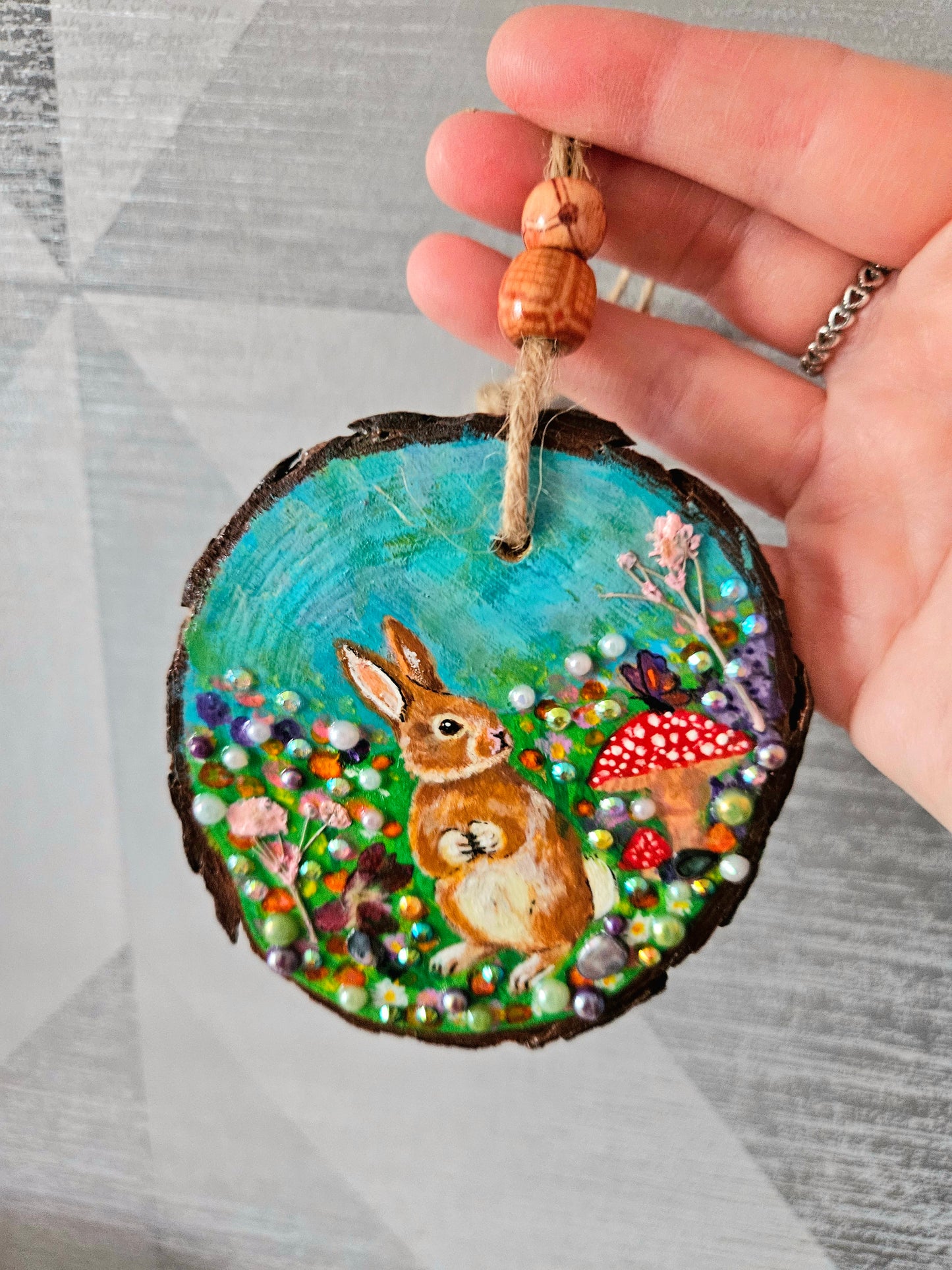 Hand painted Wood Slice/Wood painting/Whimsy rabbit & mushroom/ Home Decor/Gift for animal art or whimsy lover