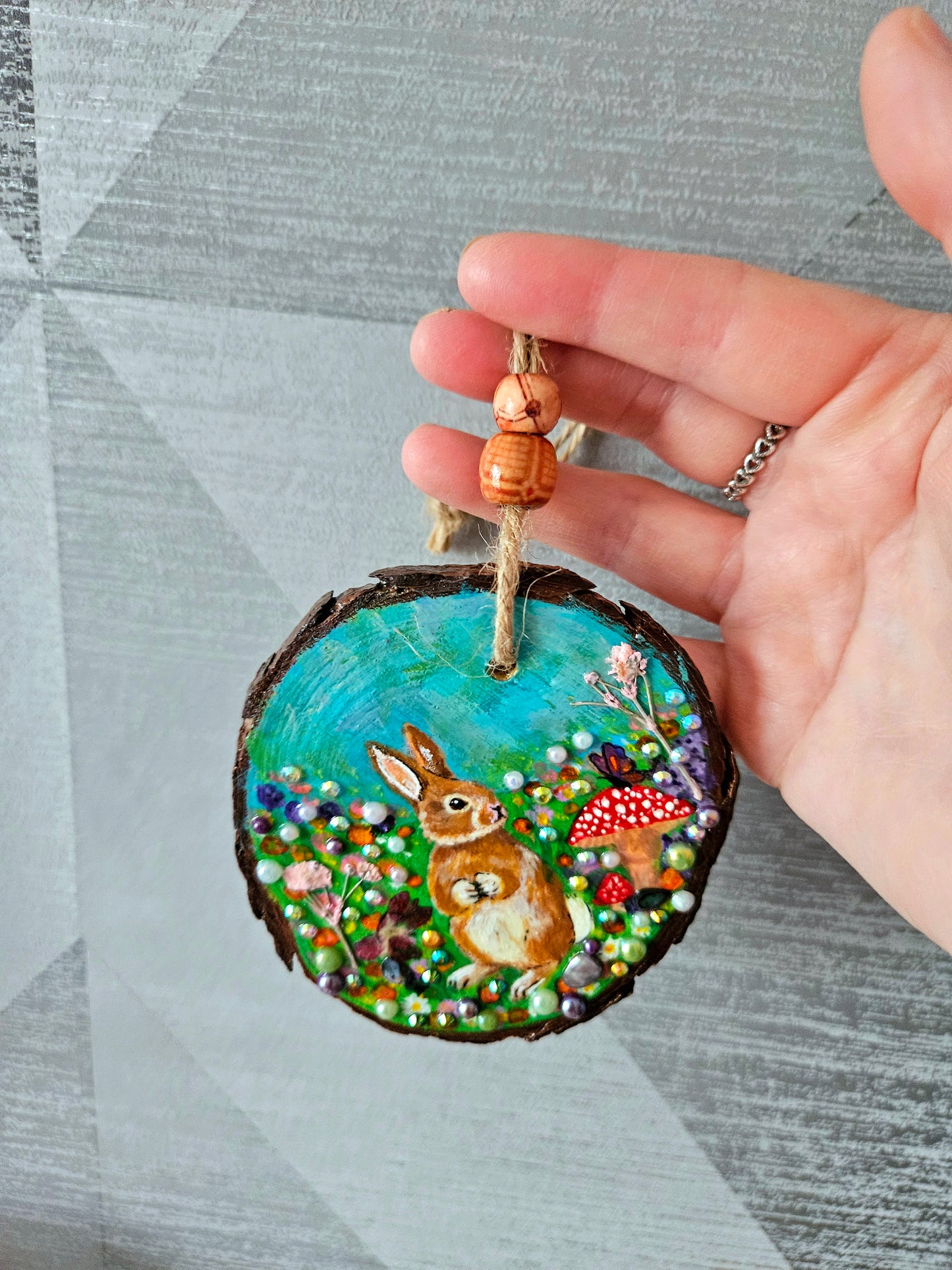 Hand painted Wood Slice/Wood painting/Whimsy rabbit & mushroom/ Home Decor/Gift for animal art or whimsy lover