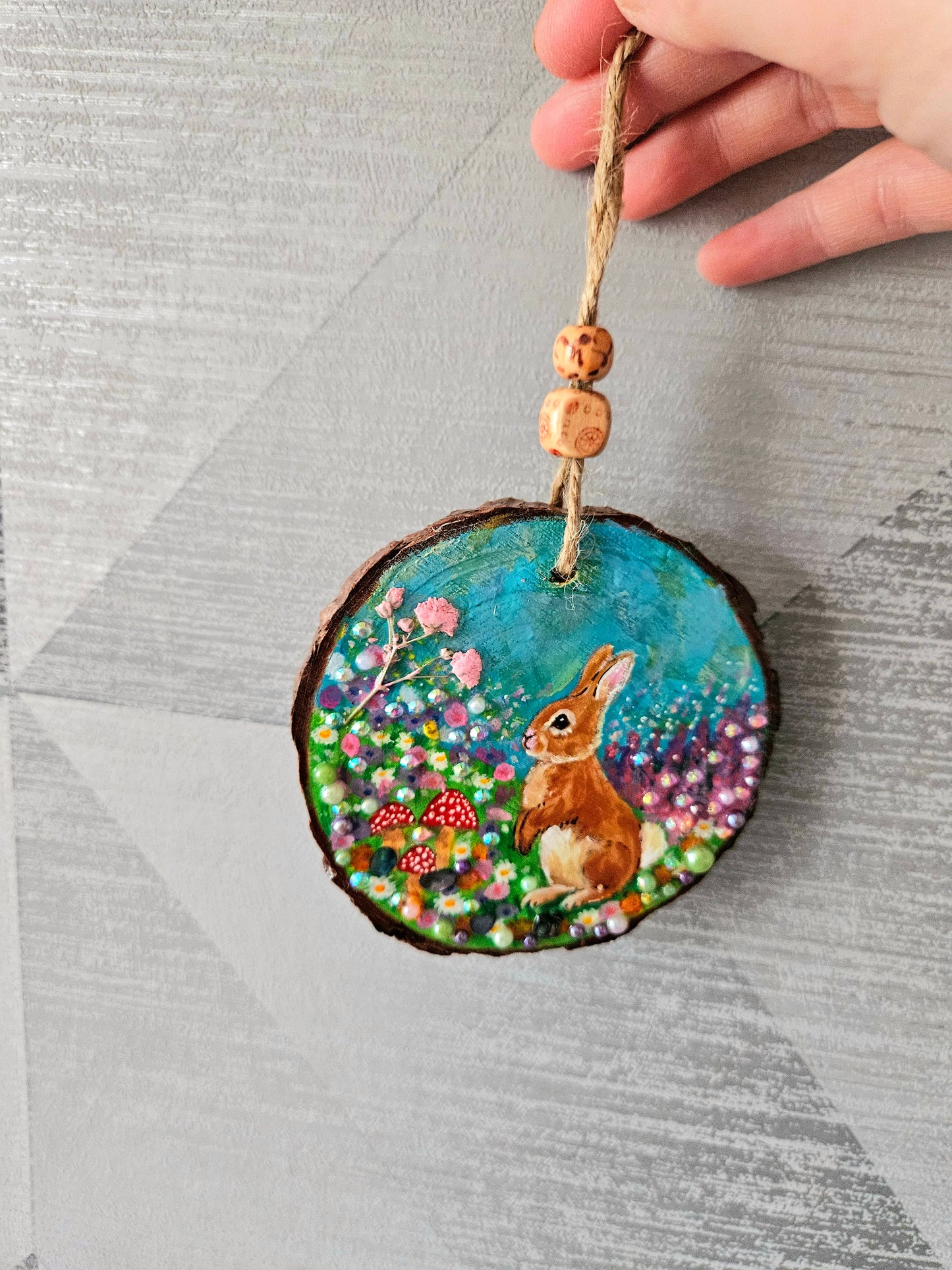 Hand painted Wood Slice/Wood painting/Whimsy rabbit & mushroom/ Home Decor/Gift for animal art or whimsy lover