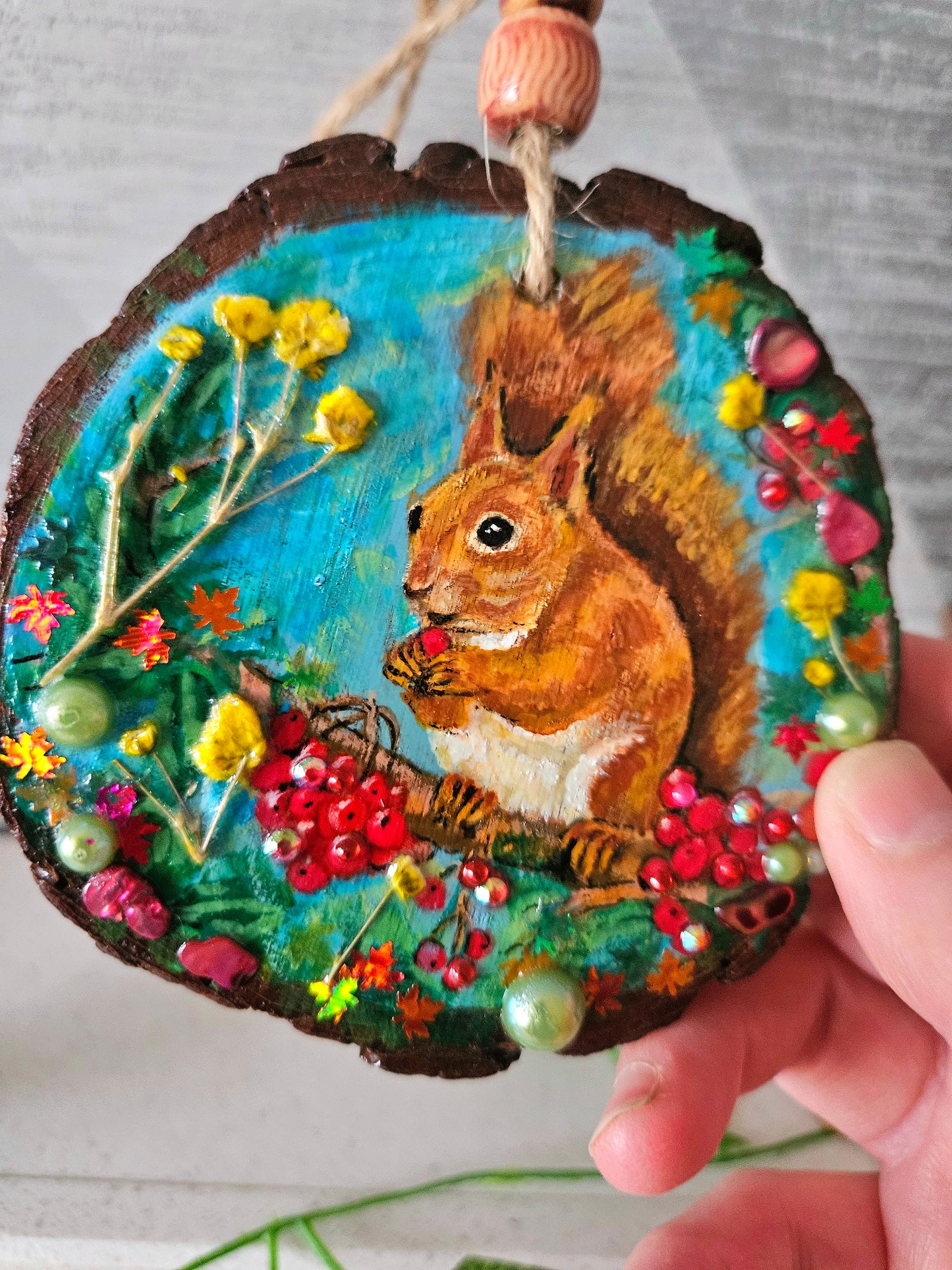 Hand painted Wood Slice/Wood painting/Whimsy red squirrel/ Home Decor/Gift for animal lover/art  Birthday gift for mum dad gran papa