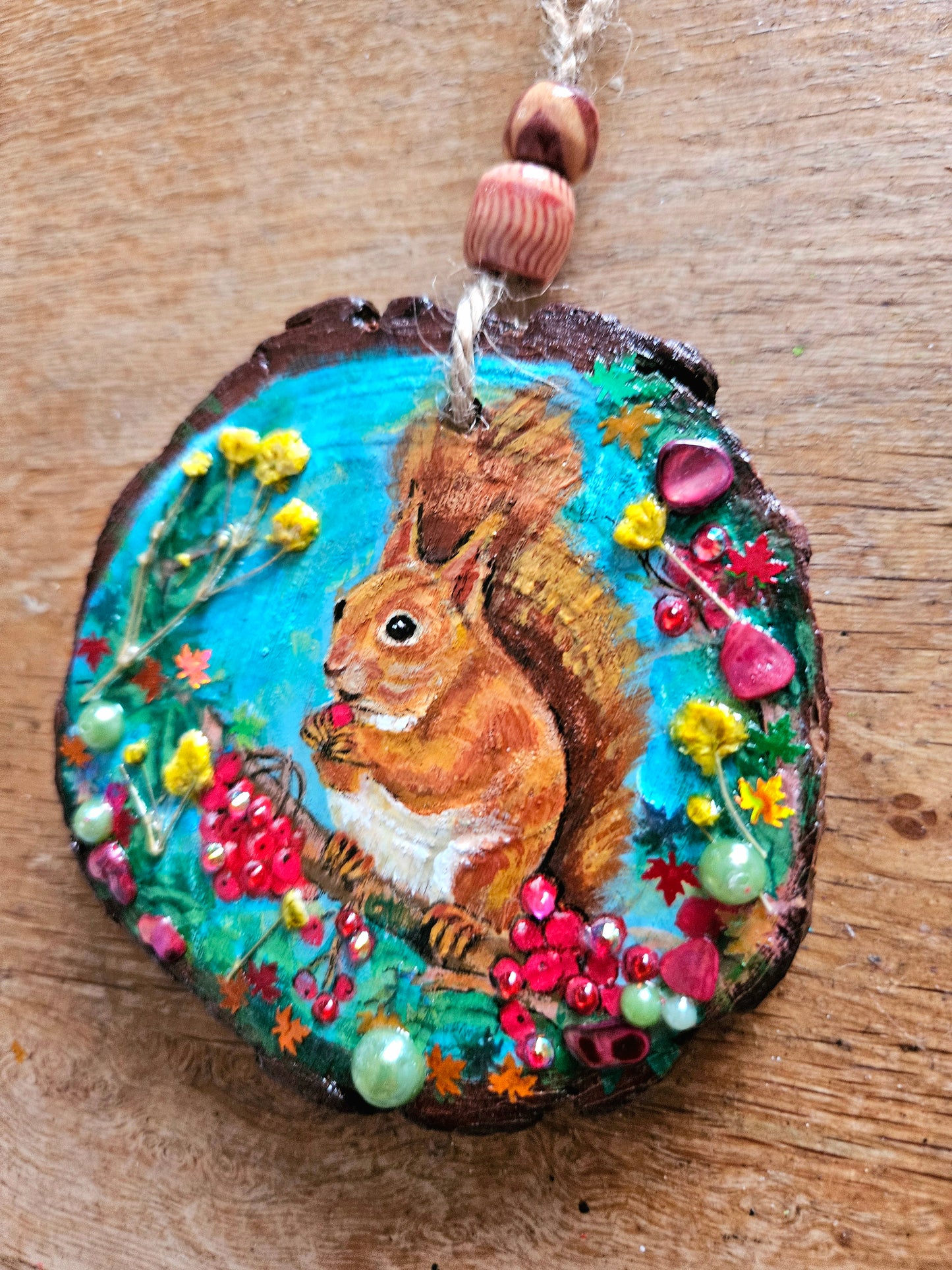 Hand painted Wood Slice/Wood painting/Whimsy red squirrel/ Home Decor/Gift for animal lover/art  Birthday gift for mum dad gran papa