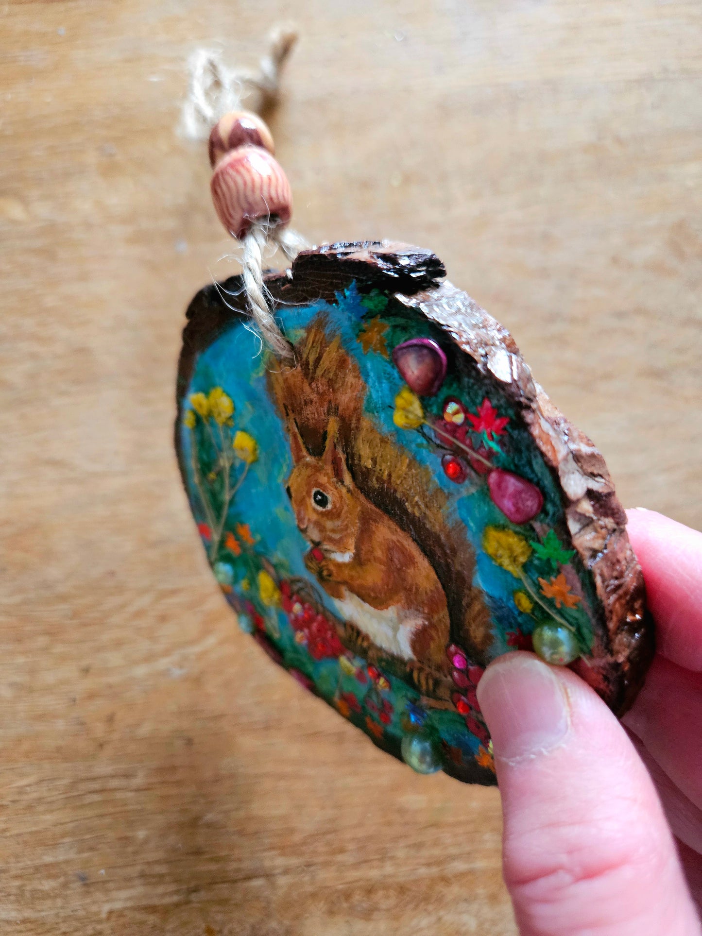 Hand painted Wood Slice/Wood painting/Whimsy red squirrel/ Home Decor/Gift for animal lover/art  Birthday gift for mum dad gran papa
