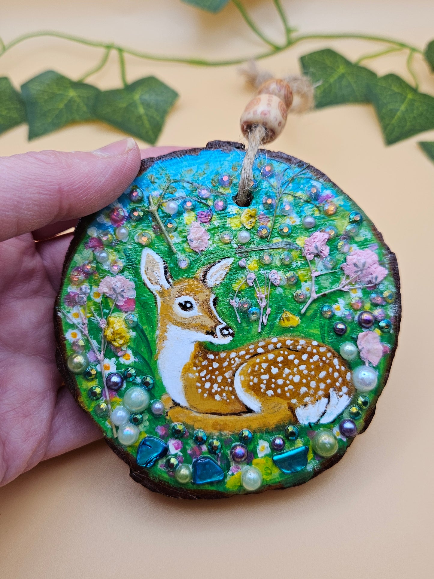 Hand painted Wood Slice/Wood painting/Whimsy deer in flowers/ Home Decor/Gift for animal lover/art  Birthday gift for mum dad gran papa