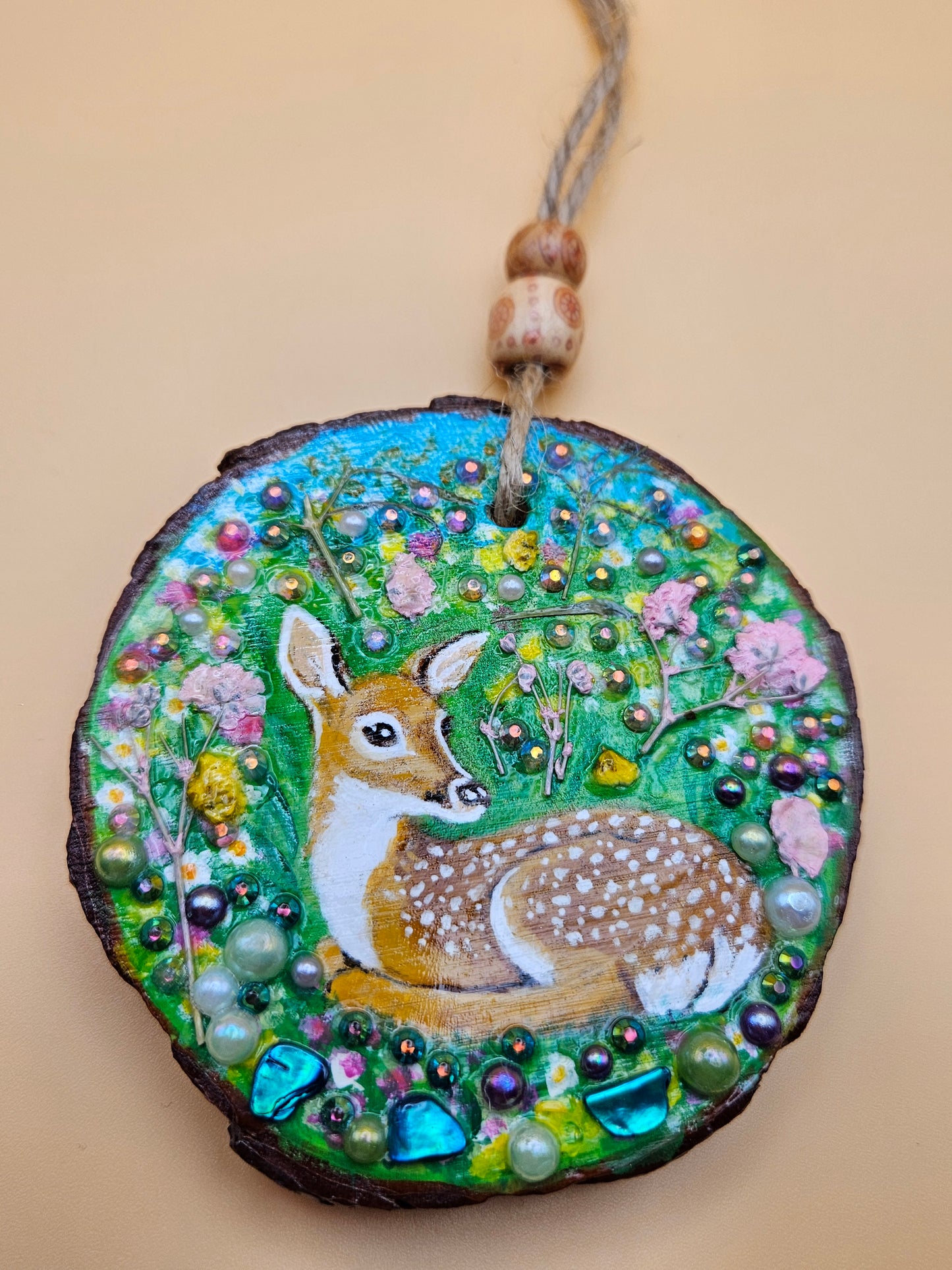 Hand painted Wood Slice/Wood painting/Whimsy deer in flowers/ Home Decor/Gift for animal lover/art  Birthday gift for mum dad gran papa