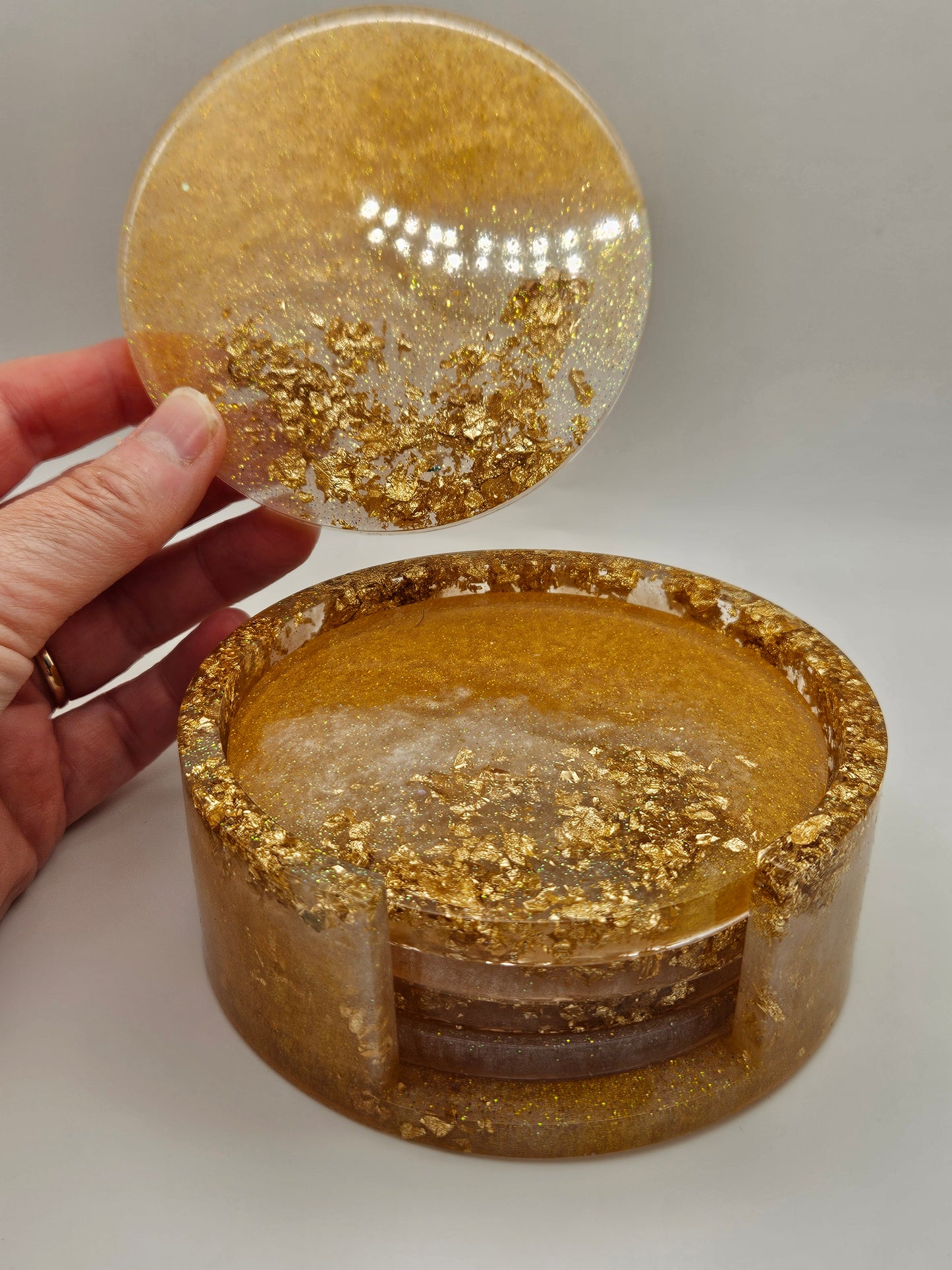 Round gold coasters/resin coasters set with matching stand/practical home decor/new home gift ideas/ unique handcrafted present