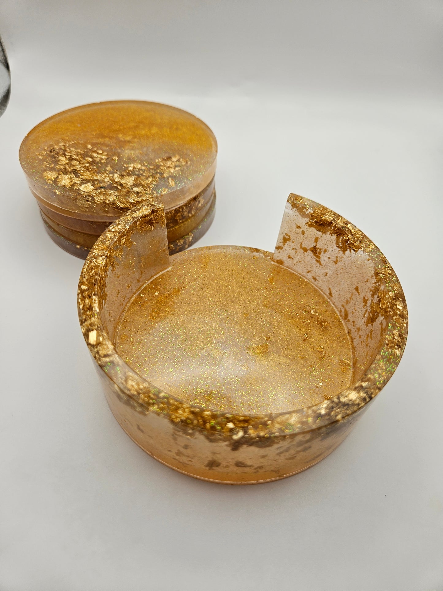 Round gold coasters/resin coasters set with matching stand/practical home decor/new home gift ideas/ unique handcrafted present