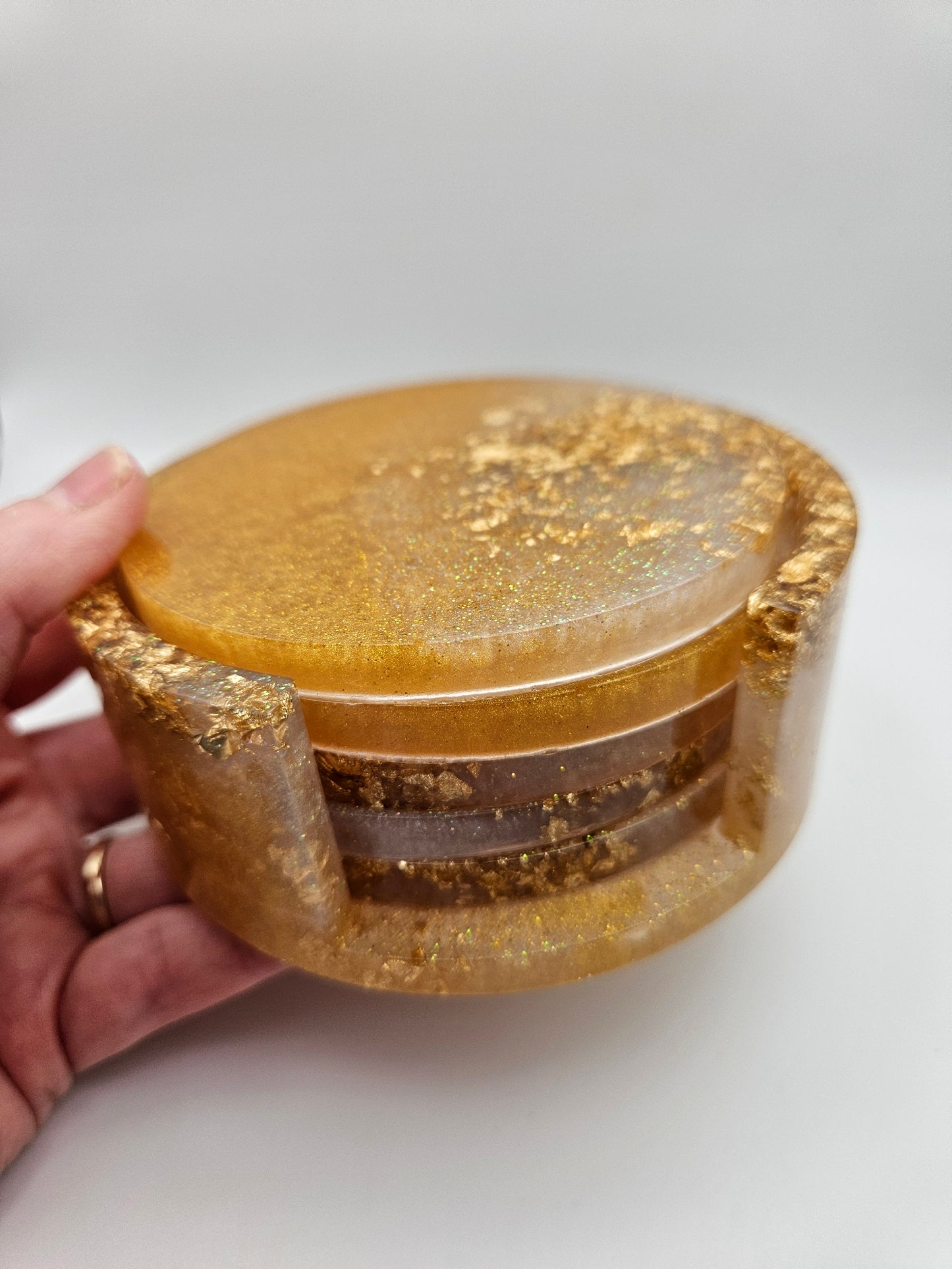 Round gold coasters/resin coasters set with matching stand/practical home decor/new home gift ideas/ unique handcrafted present