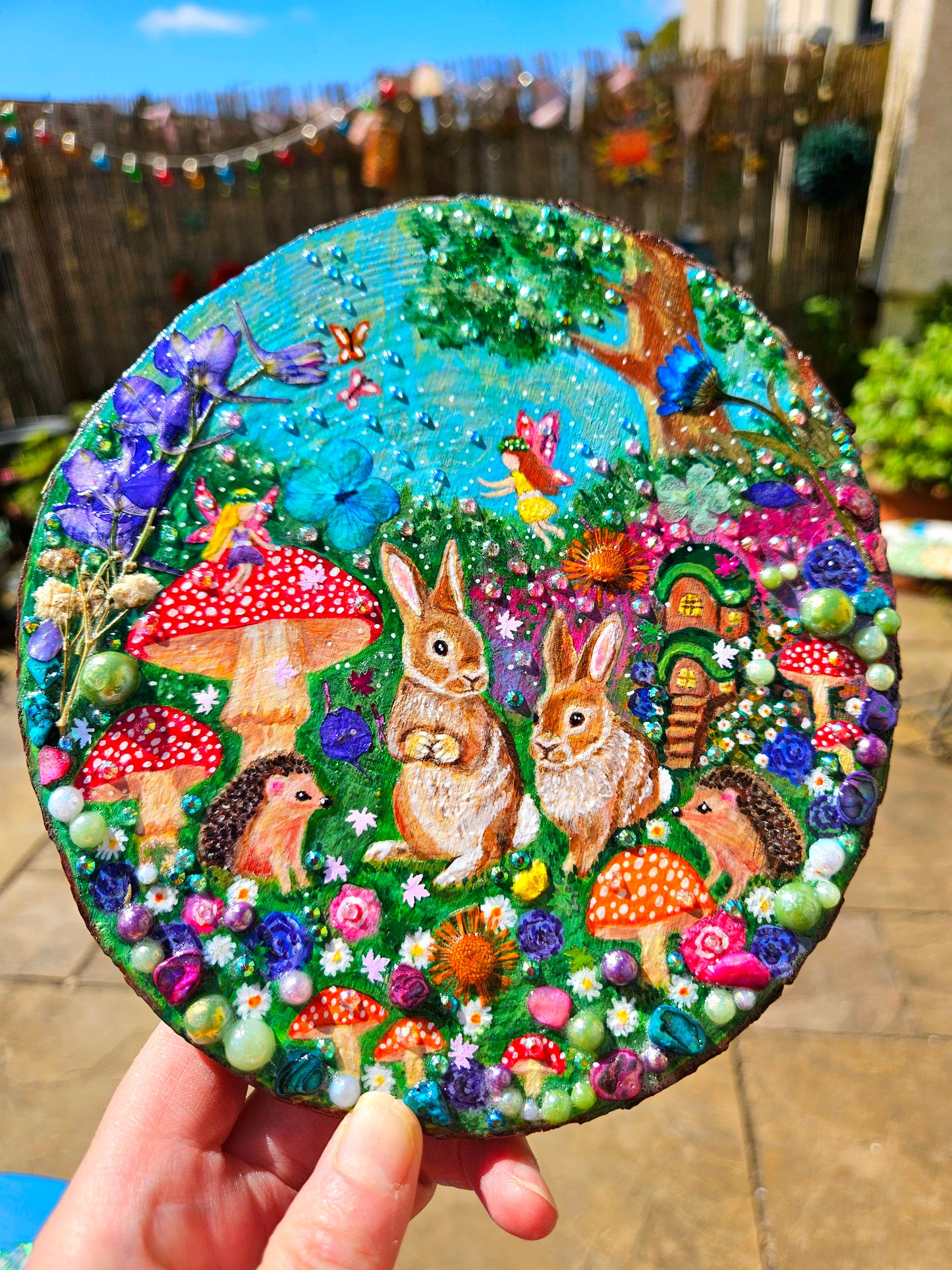 Large Hand-painted Wood Slice/whimsy wood plaque painting with rabbits, hedgehogs, fairies, mushrooms & flowers/Whimsical Home Decor/Gift for animal lover/art  Birthday gift for partner, nursery, child's room, mum, sister or daughter