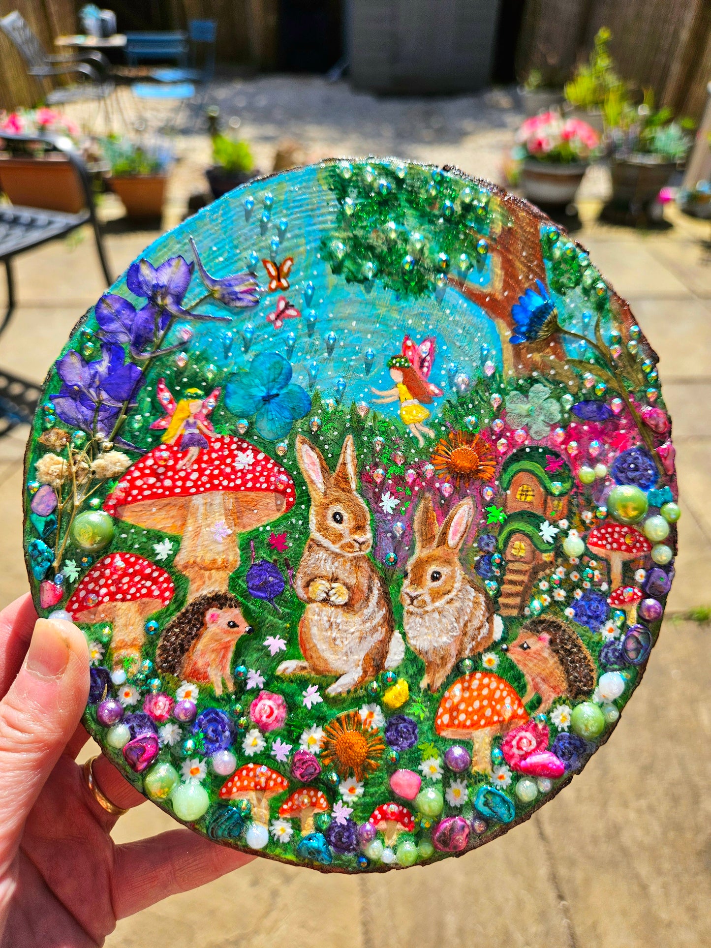 Large Hand-painted Wood Slice/whimsy wood plaque painting with rabbits, hedgehogs, fairies, mushrooms & flowers/Whimsical Home Decor/Gift for animal lover/art  Birthday gift for partner, nursery, child's room, mum, sister or daughter