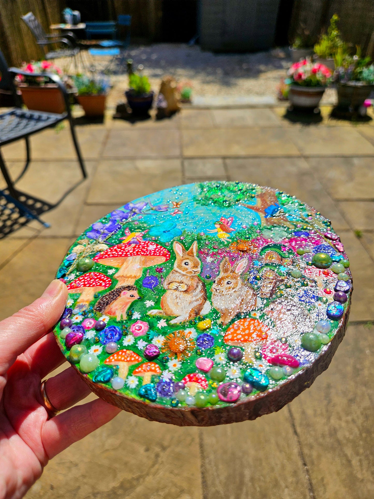 Large Hand-painted Wood Slice/whimsy wood plaque painting with rabbits, hedgehogs, fairies, mushrooms & flowers/Whimsical Home Decor/Gift for animal lover/art  Birthday gift for partner, nursery, child's room, mum, sister or daughter