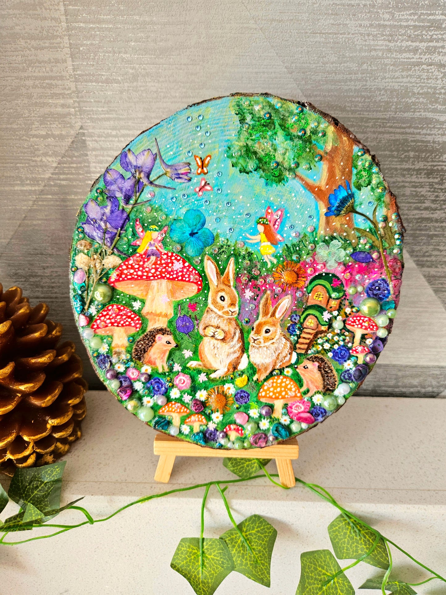 Large Hand-painted Wood Slice/whimsy wood plaque painting with rabbits, hedgehogs, fairies, mushrooms & flowers/Whimsical Home Decor/Gift for animal lover/art  Birthday gift for partner, nursery, child's room, mum, sister or daughter