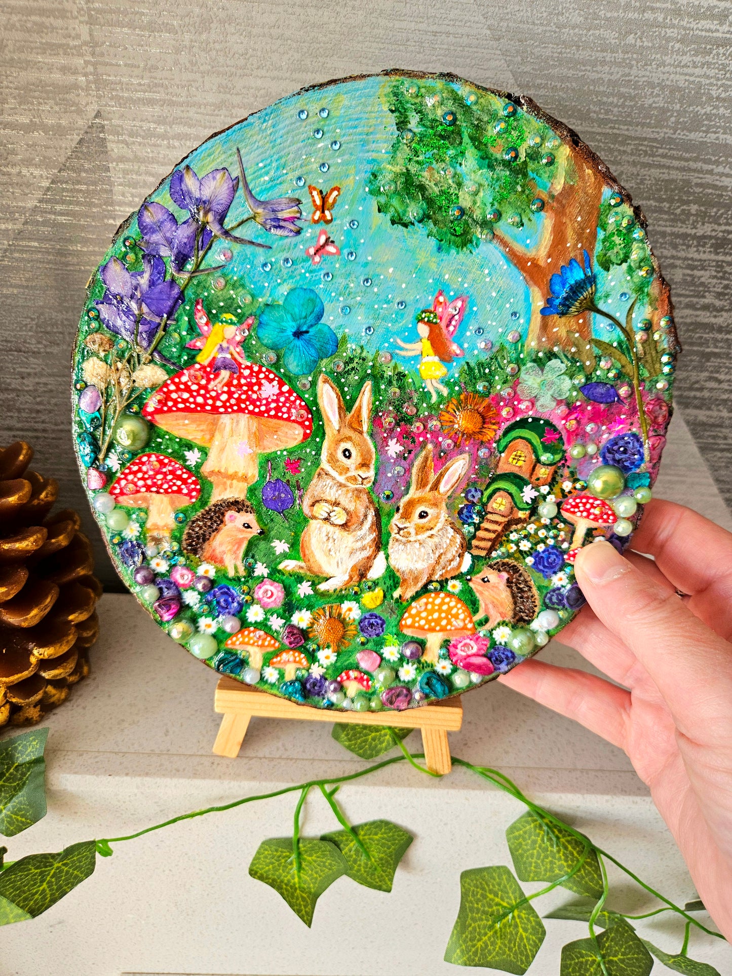 Large Hand-painted Wood Slice/whimsy wood plaque painting with rabbits, hedgehogs, fairies, mushrooms & flowers/Whimsical Home Decor/Gift for animal lover/art  Birthday gift for partner, nursery, child's room, mum, sister or daughter