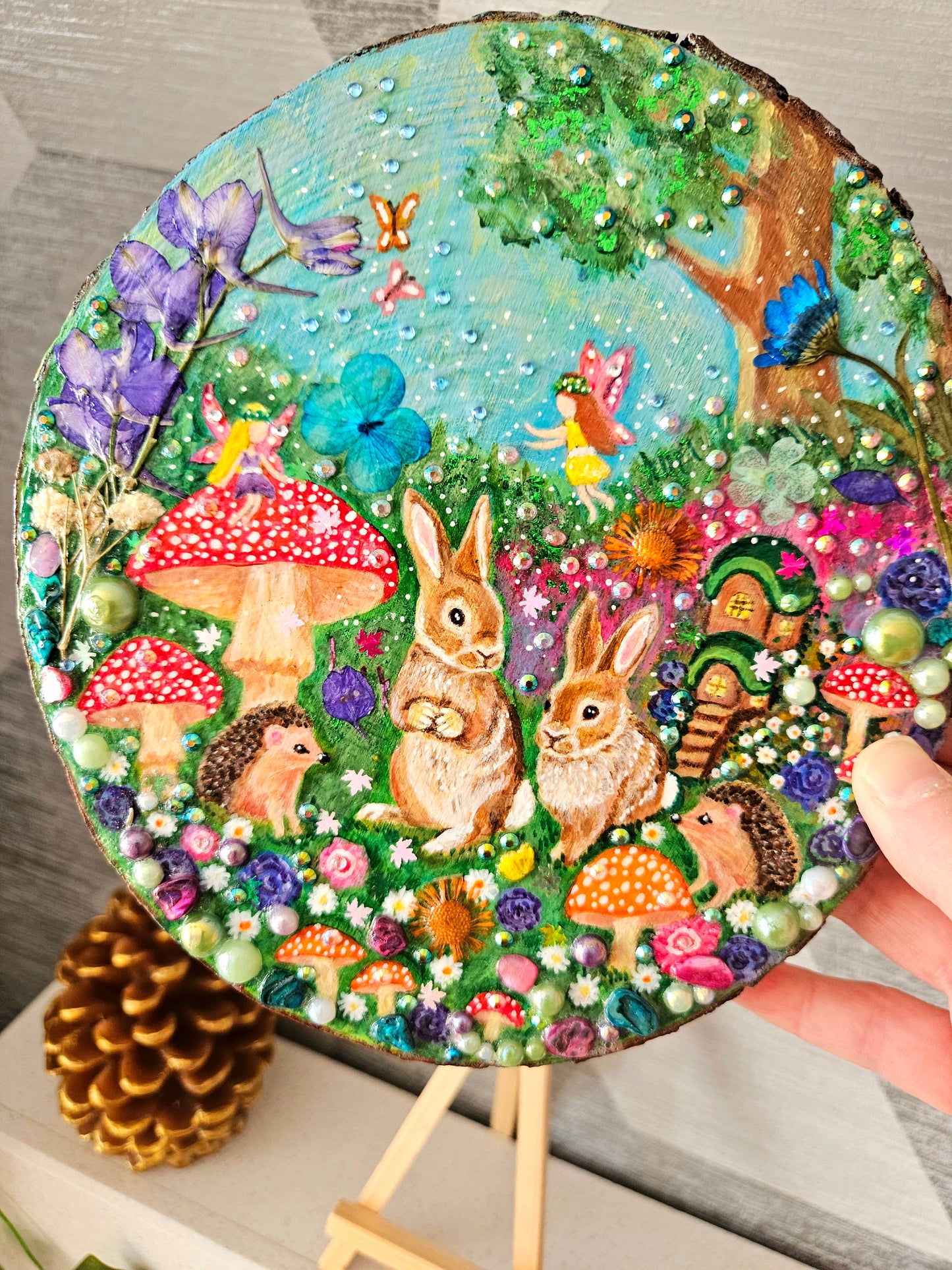Large Hand-painted Wood Slice/whimsy wood plaque painting with rabbits, hedgehogs, fairies, mushrooms & flowers/Whimsical Home Decor/Gift for animal lover/art  Birthday gift for partner, nursery, child's room, mum, sister or daughter