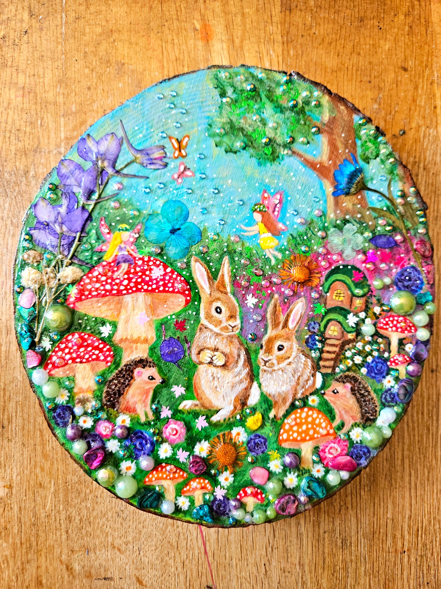 Large Hand-painted Wood Slice/whimsy wood plaque painting with rabbits, hedgehogs, fairies, mushrooms & flowers/Whimsical Home Decor/Gift for animal lover/art  Birthday gift for partner, nursery, child's room, mum, sister or daughter