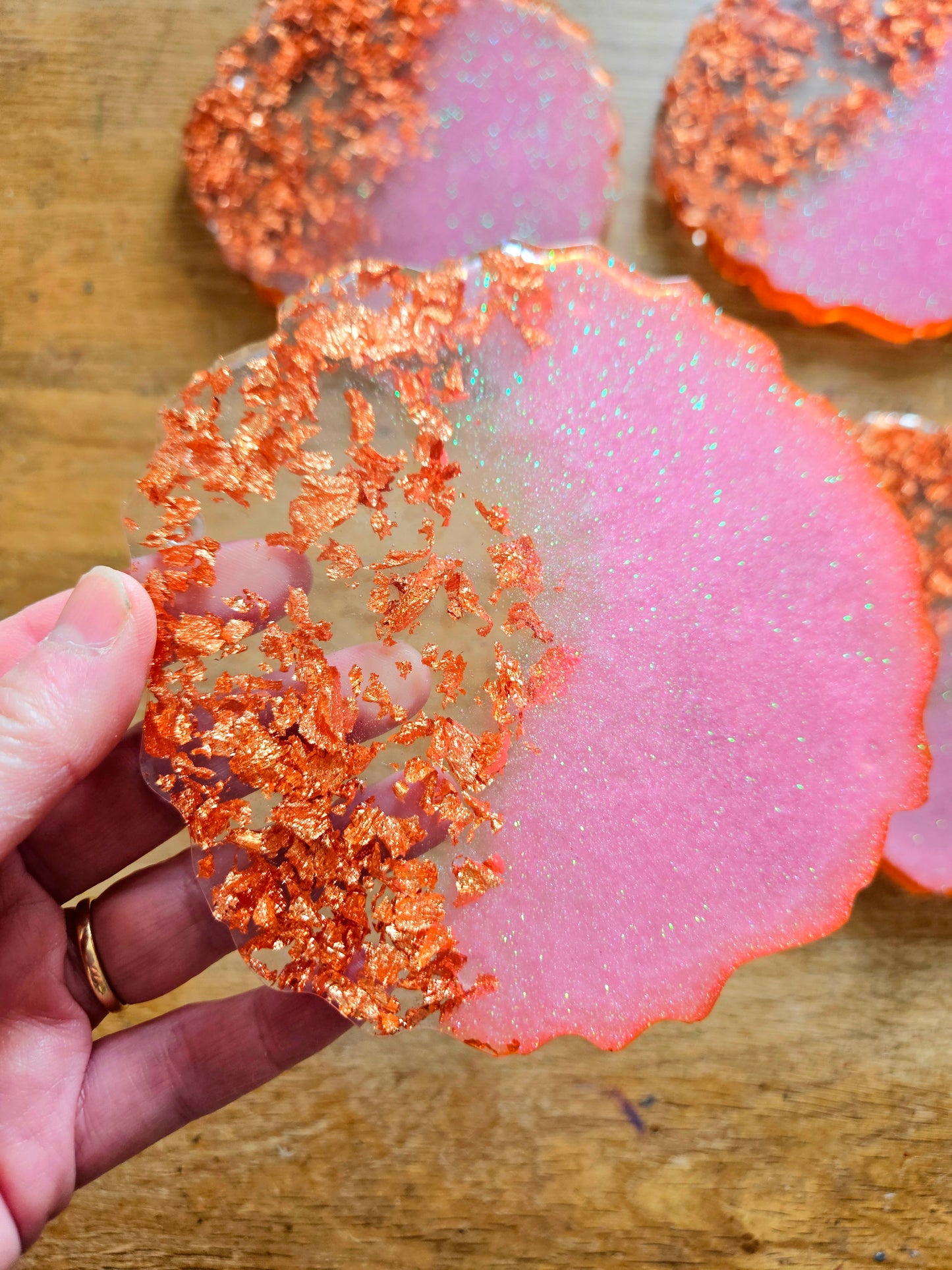Set of four pink/rose gold flakes large coasters/Stylish Whimsical home decor accessories/New Home Gift