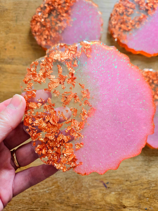 Set of four pink/rose gold flakes large coasters/Stylish Whimsical home decor accessories/New Home Gift