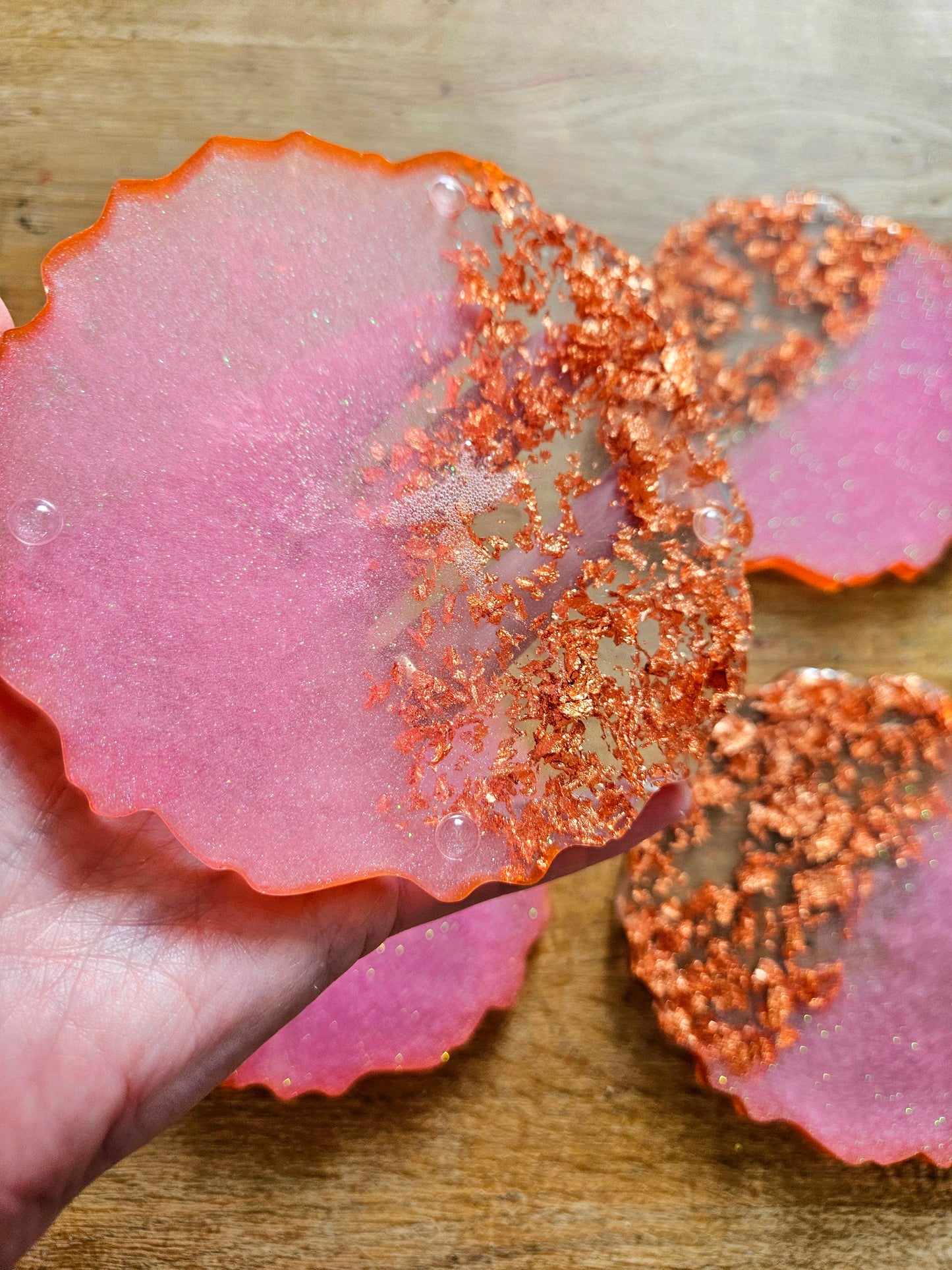 Set of four pink/rose gold flakes large coasters/Stylish Whimsical home decor accessories/New Home Gift