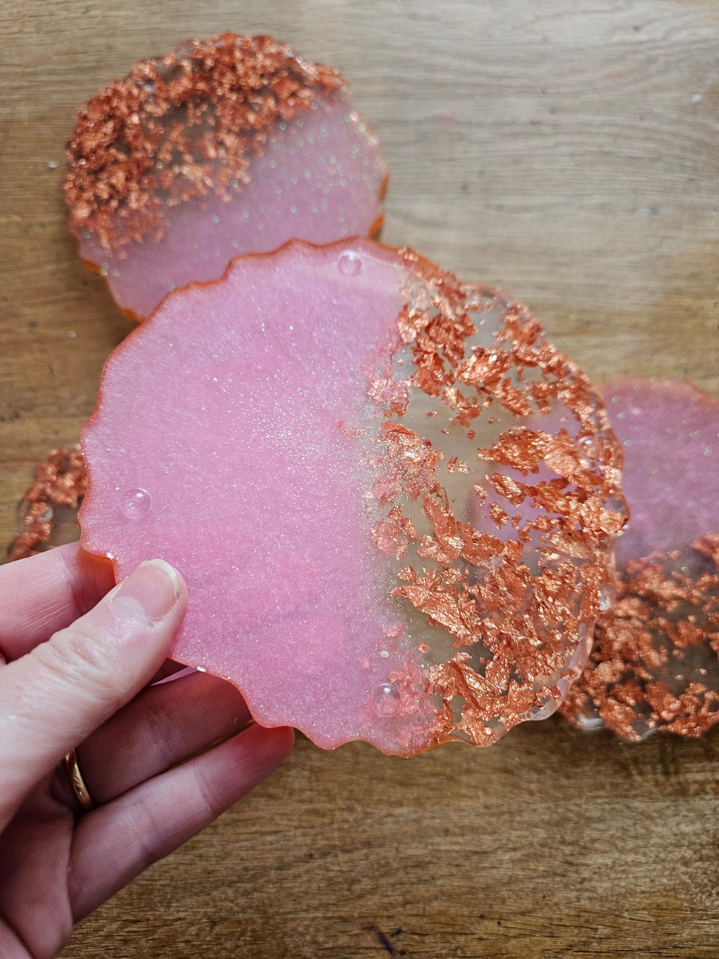 Set of four pink/rose gold flakes large coasters/Stylish Whimsical home decor accessories/New Home Gift