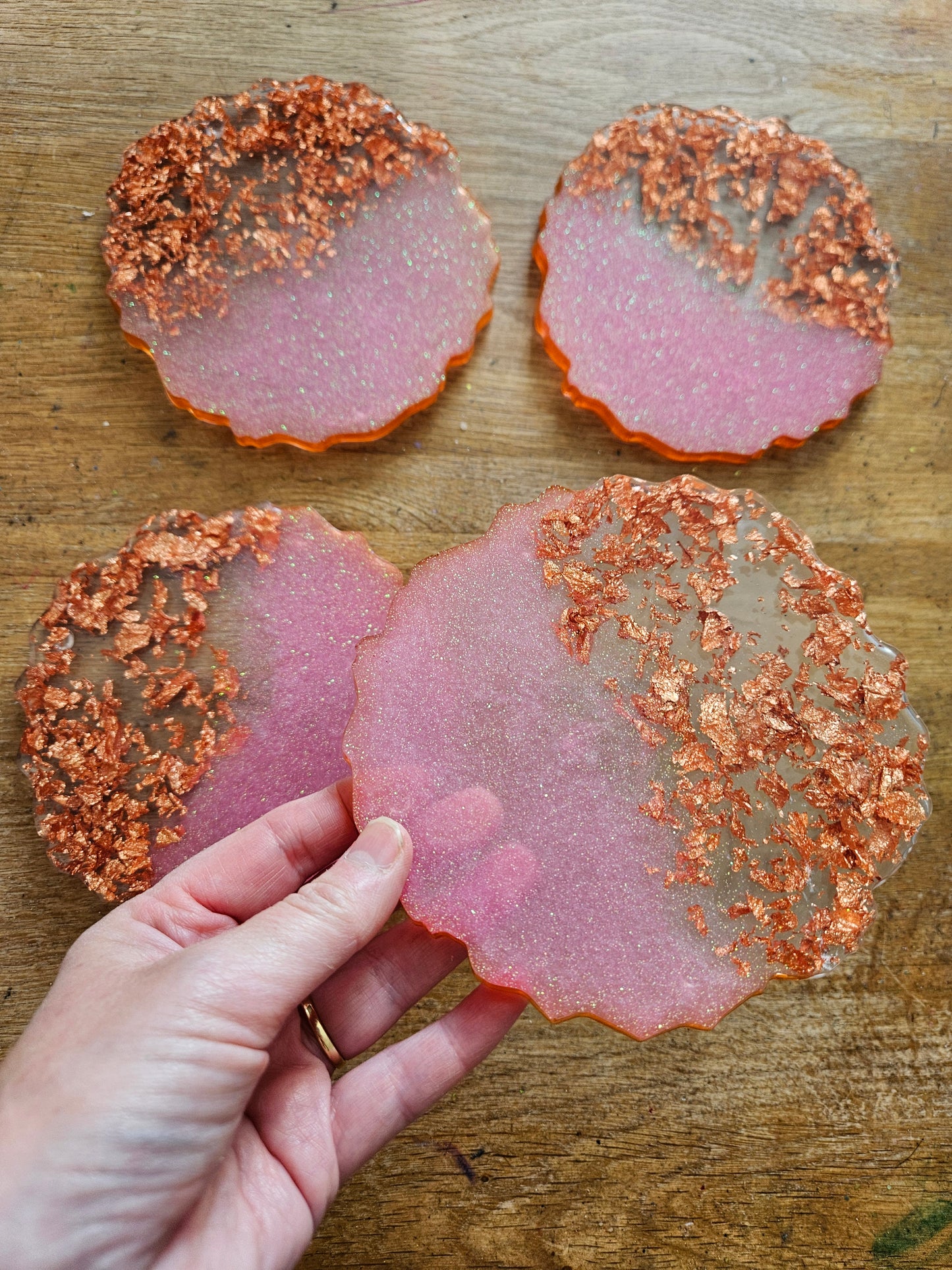 Set of four pink/rose gold flakes large coasters/Stylish Whimsical home decor accessories/New Home Gift