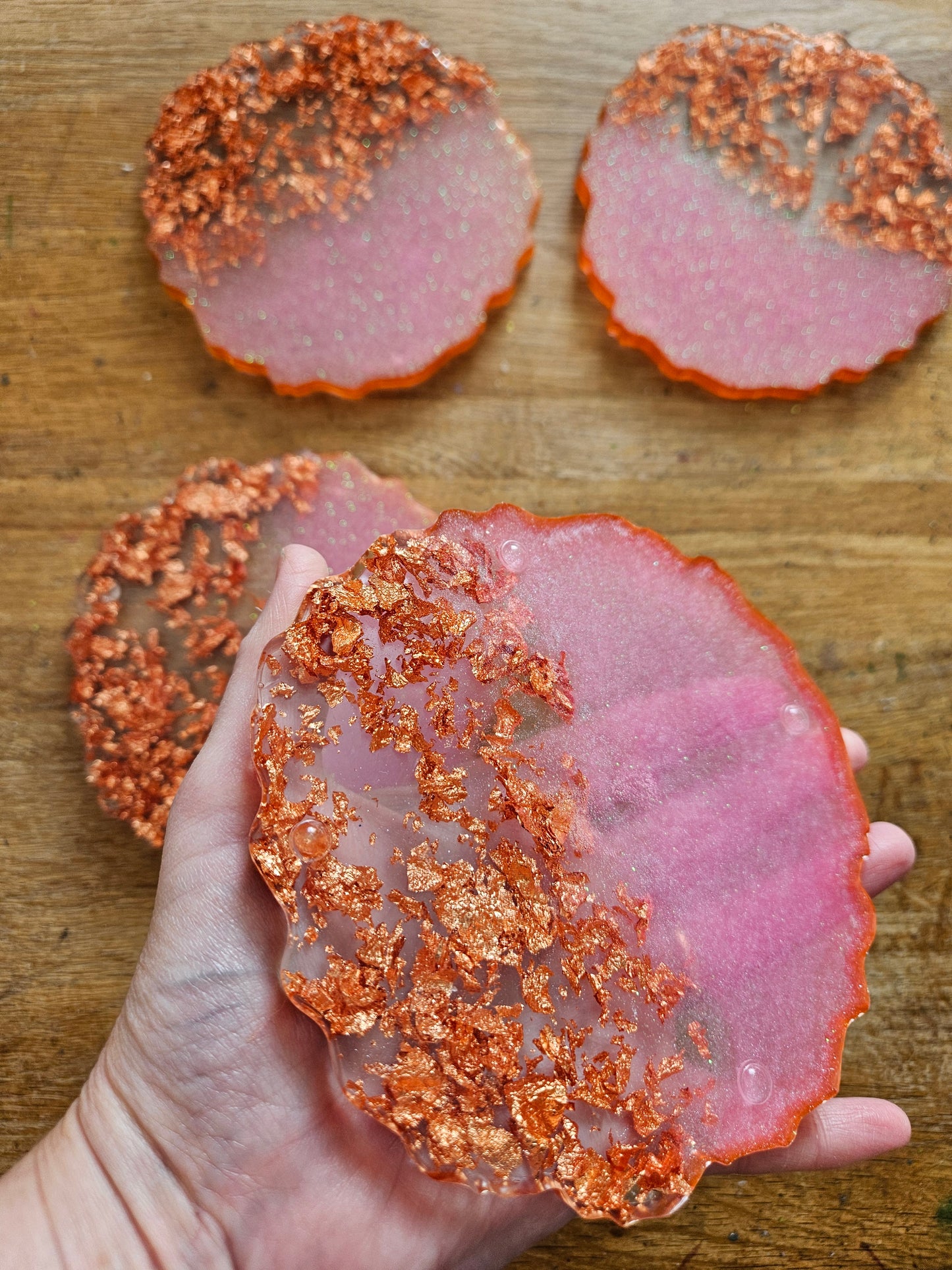 Set of four pink/rose gold flakes large coasters/Stylish Whimsical home decor accessories/New Home Gift