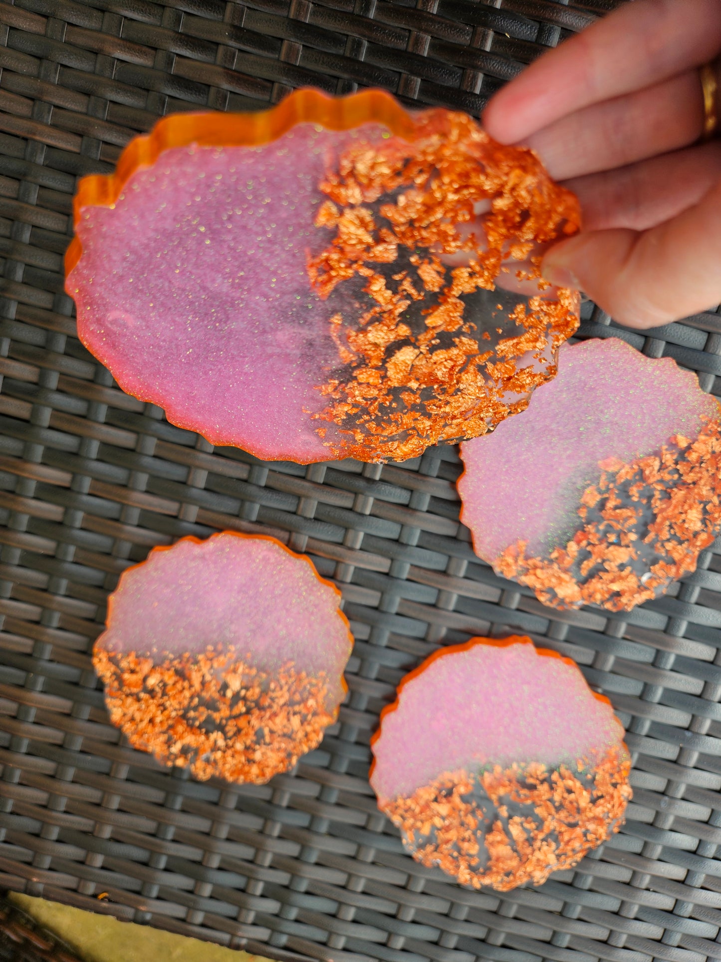 Set of four pink/rose gold flakes large coasters/Stylish Whimsical home decor accessories/New Home Gift