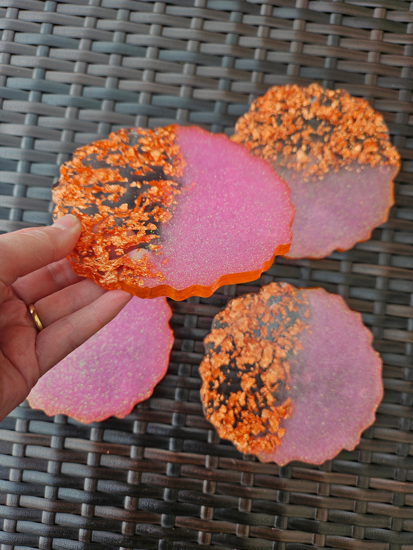 Set of four pink/rose gold flakes large coasters/Stylish Whimsical home decor accessories/New Home Gift