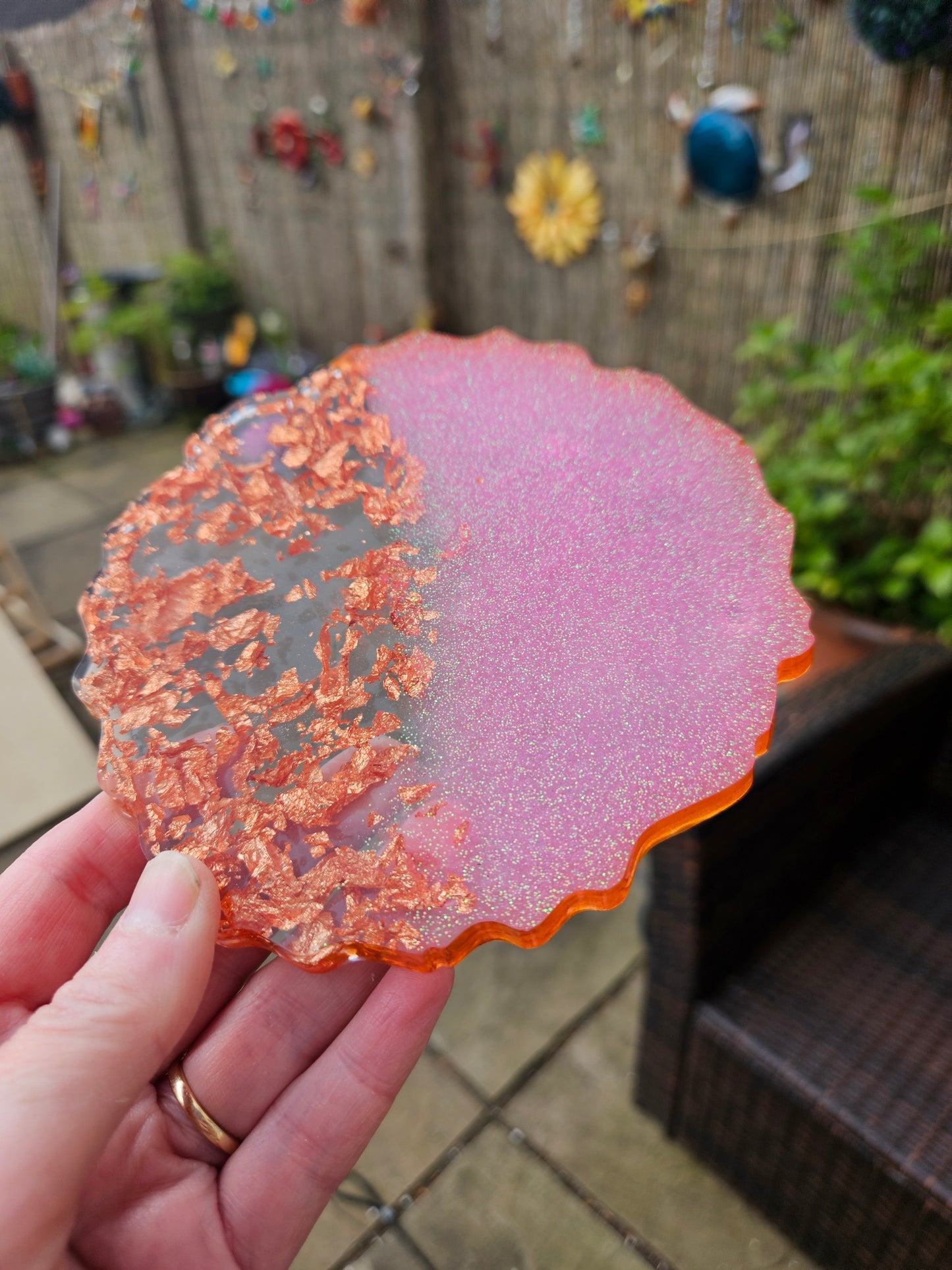 Set of four pink/rose gold flakes large coasters/Stylish Whimsical home decor accessories/New Home Gift